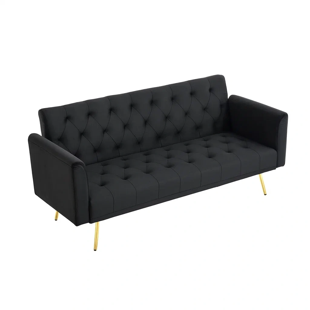 Divano a 3 Posti in Tessuto Poliestere Nero con Gambe in Metallo Dorato