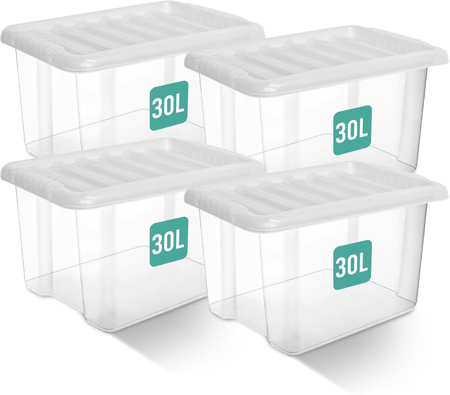 Klass Home Collection 4 x 30 Litre Clear Plastic Storage Boxes With Lids Set of 4, Strong Multipurpose Stackable Plastic Storage Box With Lid 30L Clear Containers For Home, Kitchen, Garage, Office