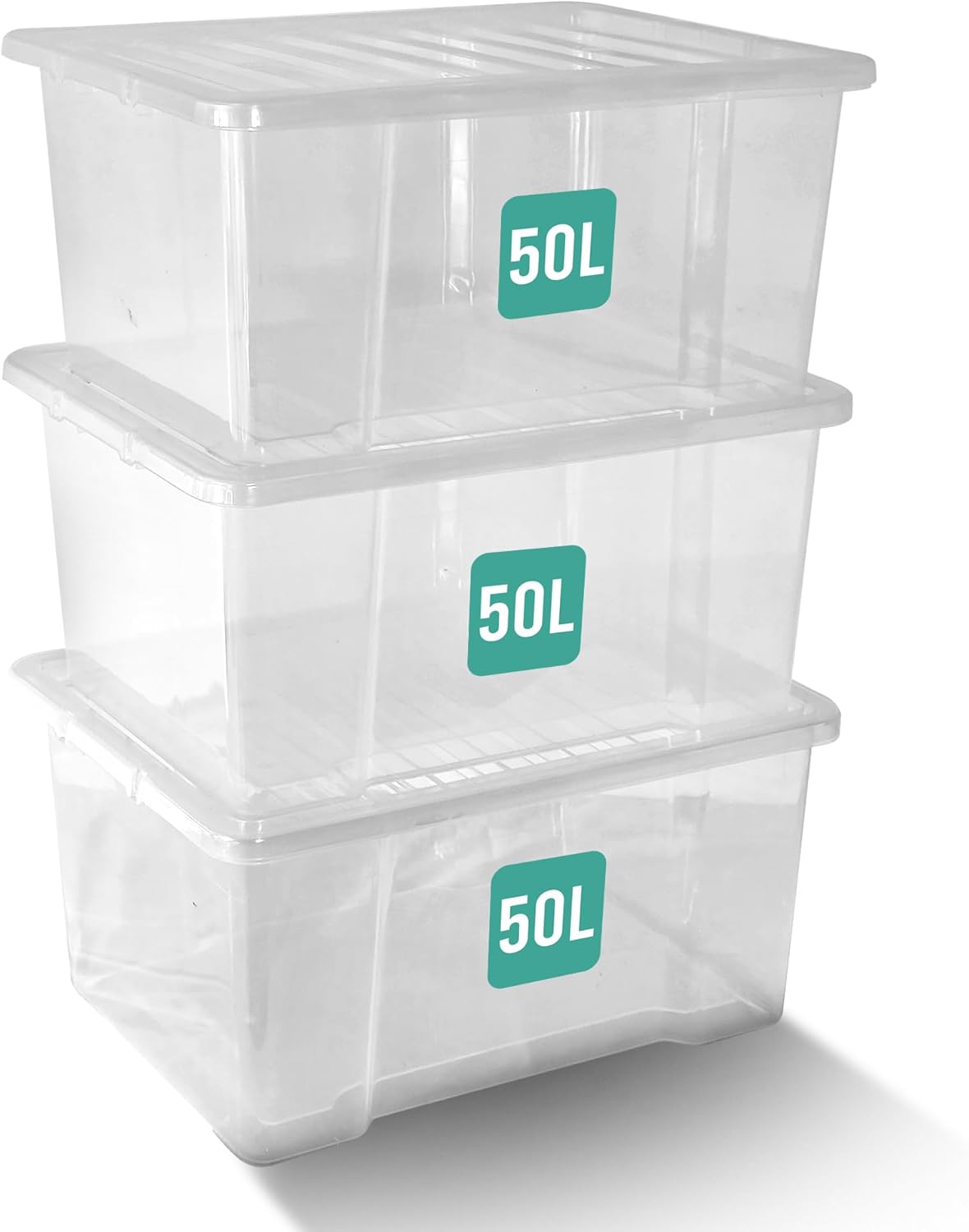 Klass Home Collection 3 x 50 Litre Plastic Storage Boxes With Lids Set of 3, Strong Multipurpose Stackable Large Storage Box With Lid 50L Clear Containers For Home, Kitchen, Garage, Office