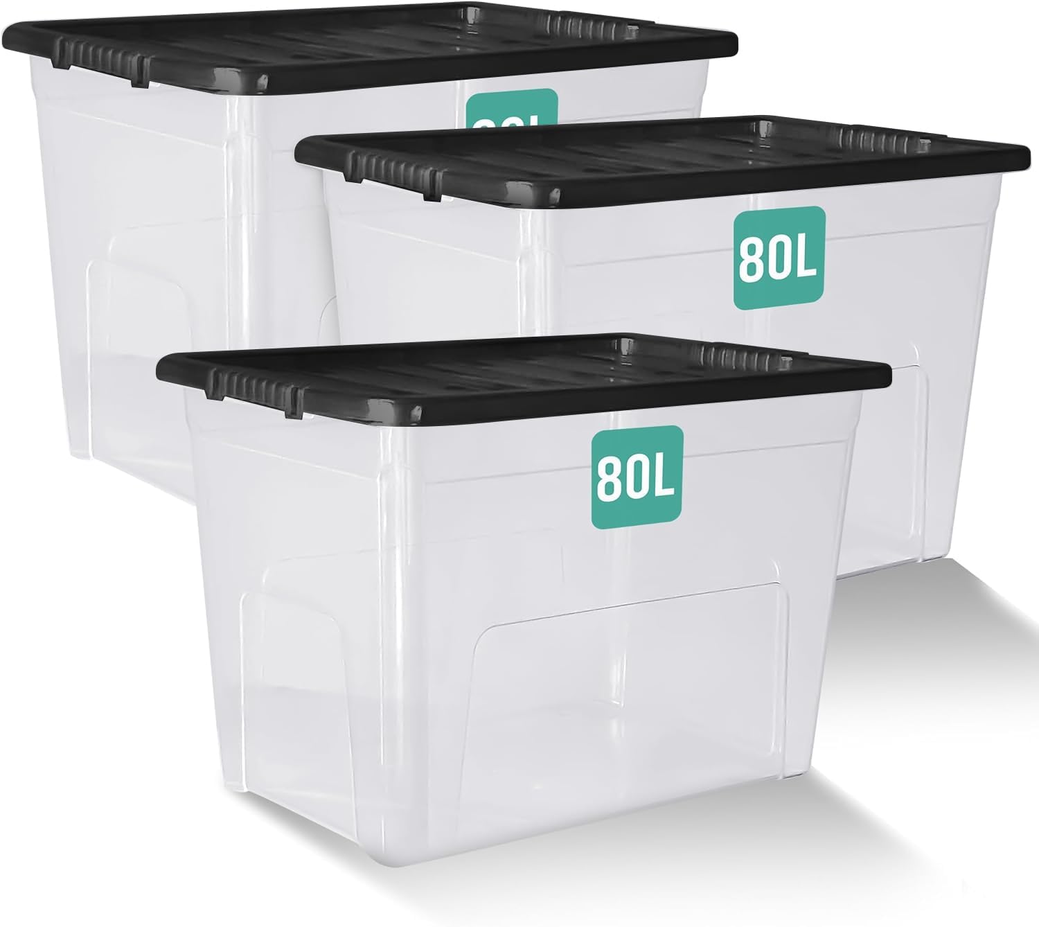 KLASS 3 x 80 Litre Storage Boxes with Lids Set of 3, Clear Multipurpose Nestable Stackable Plastic Storage Box With Lid 80L Clear Containers For Home, Kitchen, Garage, Office, Accessories
