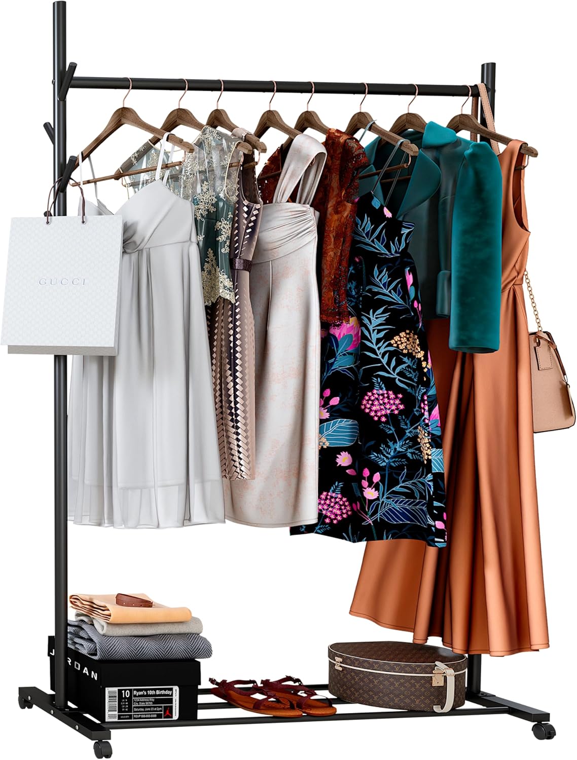 Klass Home Collection Portable Heavy Duty Clothes Rail For Bedroom, Home & Shops, 50KG Load Clothes Rack With Storage Shelf, Metal Clothing Rail For Hanging Garments, Coats (Black With Wheels)