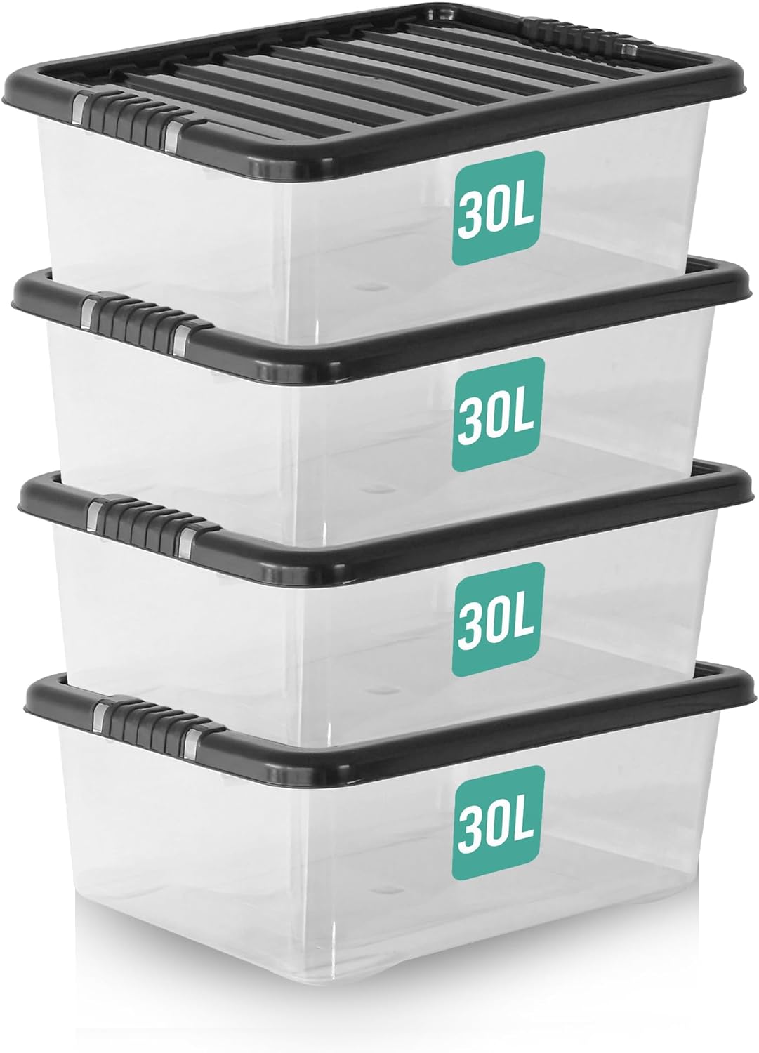 KLASS 4 x 30 Litre Underbed Storage Boxes with Lids Set of 4, Clear Multipurpose Nestable Stackable Plastic Storage Box With Lid 30L Clear Containers For Home, Kitchen, Garage, Office, Accessories
