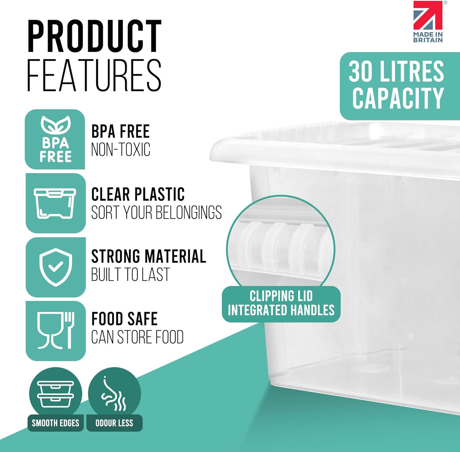 Klass Home Collection 4 x 30 Litre Clear Plastic Storage Boxes With Lids Set of 4, Strong Multipurpose Stackable Plastic Storage Box With Lid 30L Clear Containers For Home, Kitchen, Garage, Office