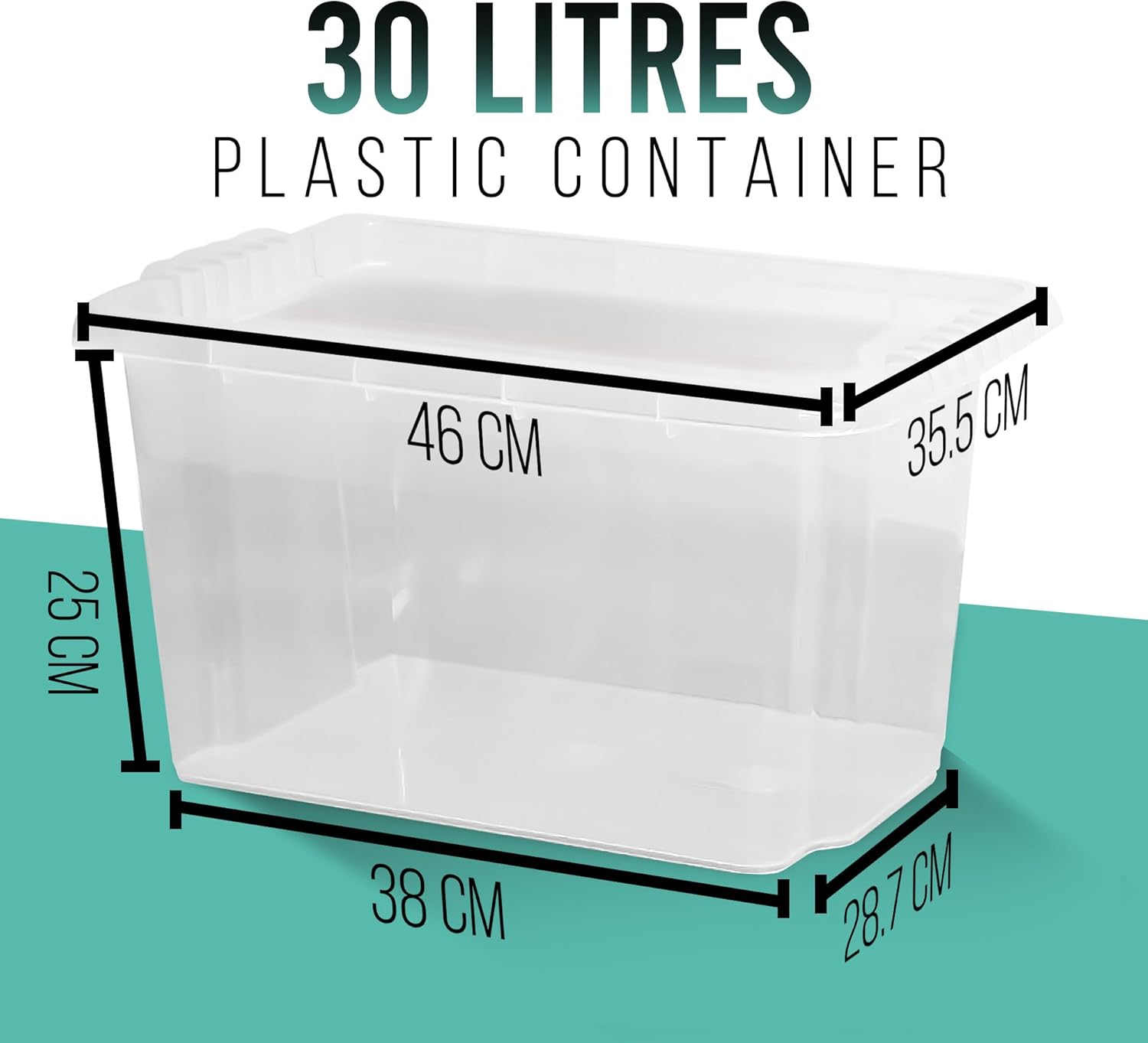 Klass Home Collection 4 x 30 Litre Clear Plastic Storage Boxes With Lids Set of 4, Strong Multipurpose Stackable Plastic Storage Box With Lid 30L Clear Containers For Home, Kitchen, Garage, Office