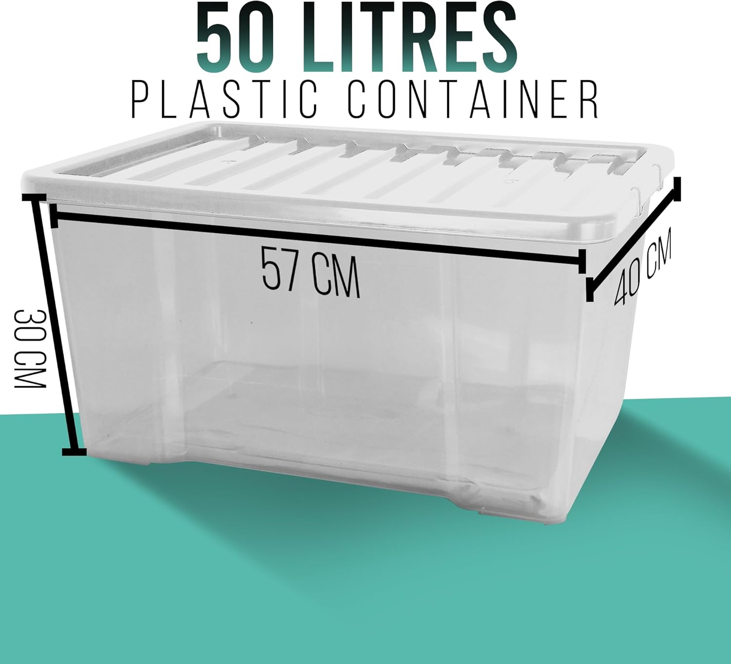 Klass Home Collection 3 x 50 Litre Plastic Storage Boxes With Lids Set of 3, Strong Multipurpose Stackable Large Storage Box With Lid 50L Clear Containers For Home, Kitchen, Garage, Office