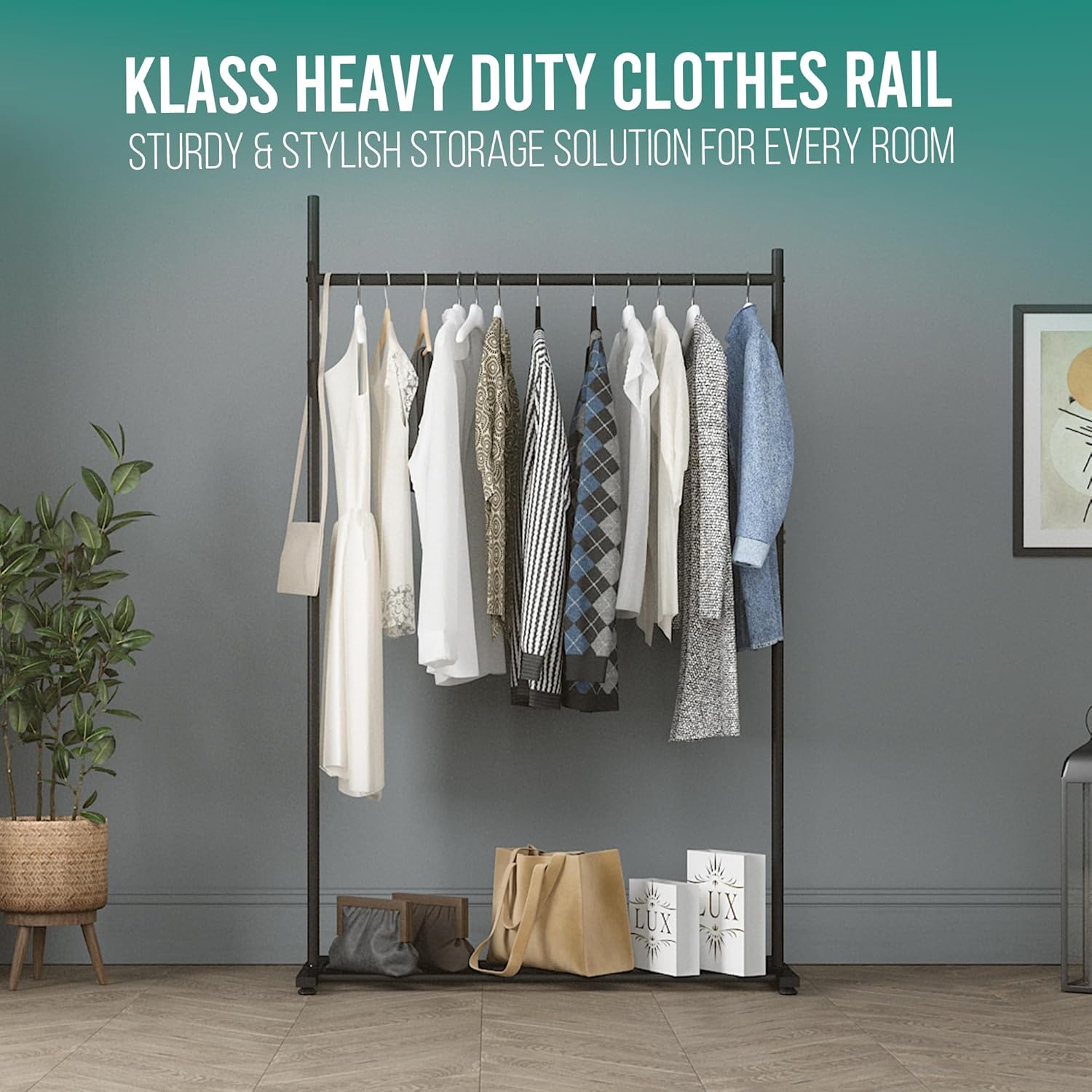 Portable Heavy Duty Clothes Rail For Bedroom, Home & Shops, 50KG Load Clothes Rack With Storage Shelf, Metal Clothing Rail For Hanging Garments, Coats (Black With Feet)