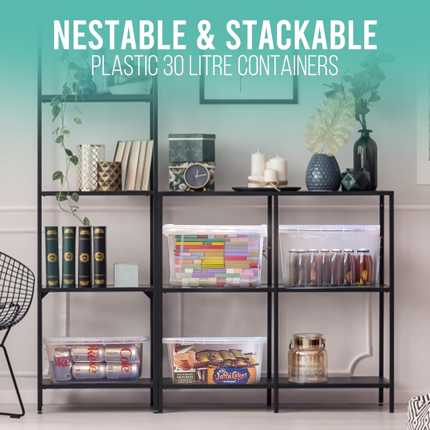 Klass Home Collection 4 x 30 Litre Clear Plastic Storage Boxes With Lids Set of 4, Strong Multipurpose Stackable Plastic Storage Box With Lid 30L Clear Containers For Home, Kitchen, Garage, Office