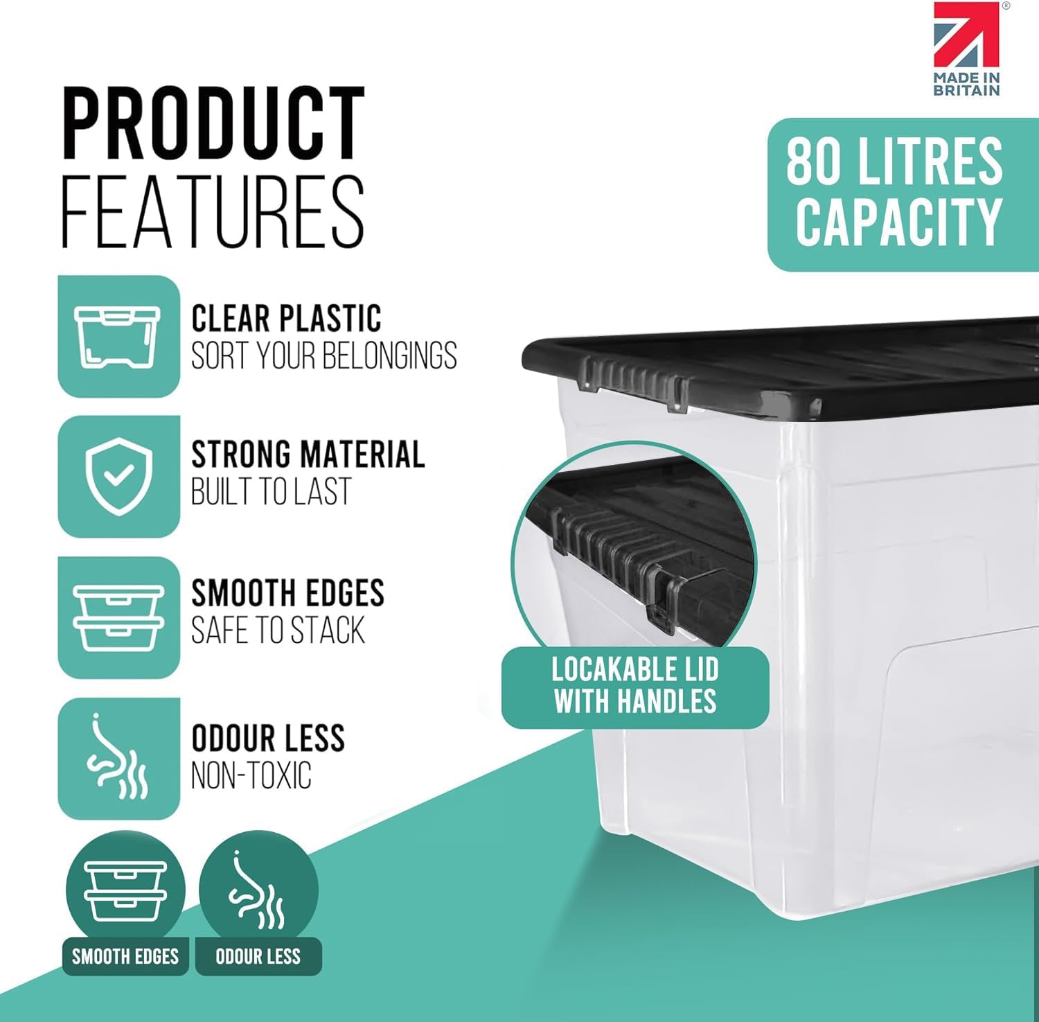 KLASS 3 x 80 Litre Storage Boxes with Lids Set of 3, Clear Multipurpose Nestable Stackable Plastic Storage Box With Lid 80L Clear Containers For Home, Kitchen, Garage, Office, Accessories