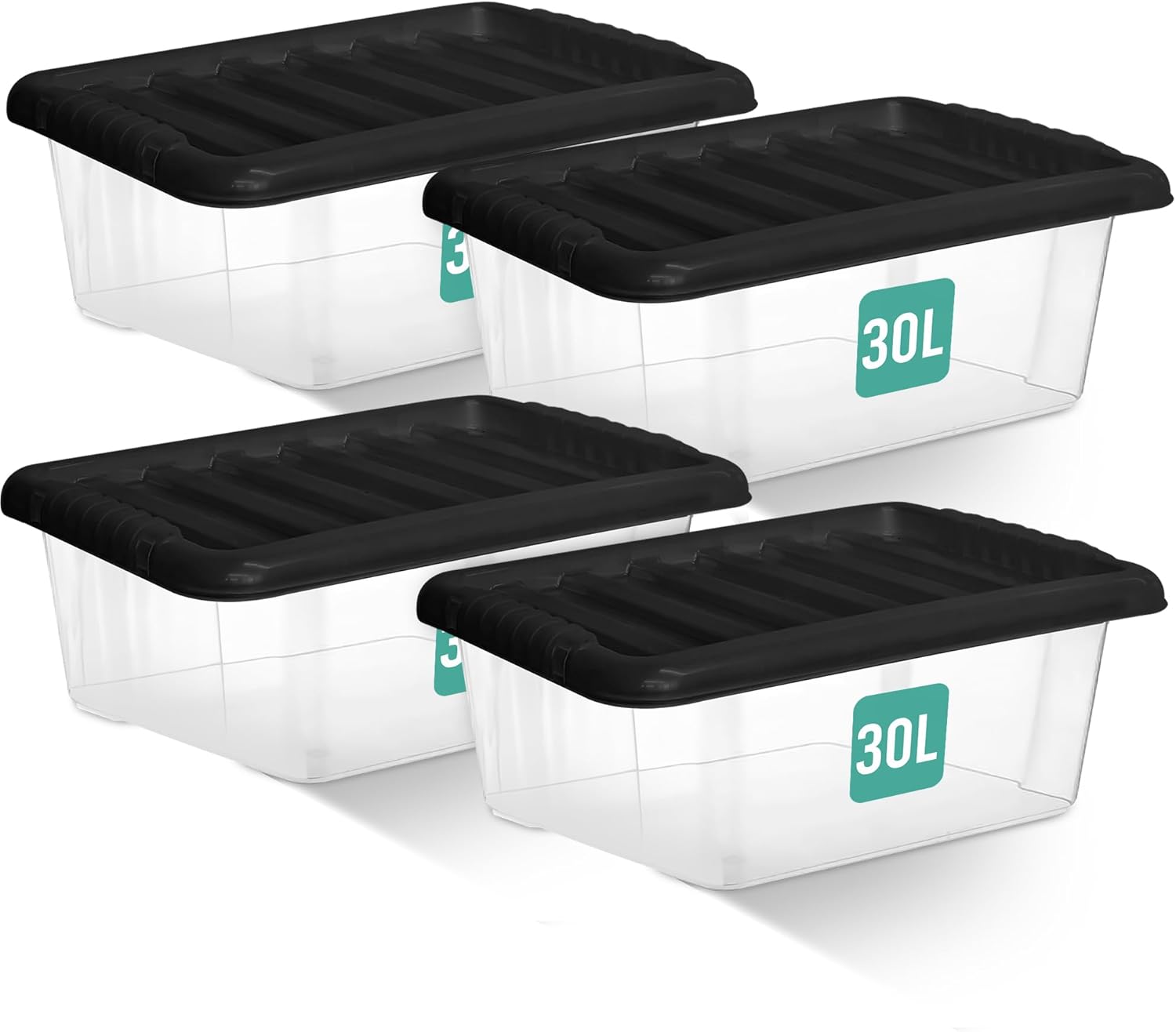 KLASS 4 x 30 Litre Underbed Storage Boxes with Lids Set of 4, Clear Multipurpose Nestable Stackable Plastic Storage Box With Lid 30L Clear Containers For Home, Kitchen, Garage, Office, Accessories