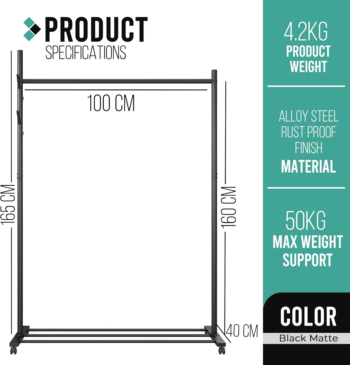 Klass Home Collection Portable Heavy Duty Clothes Rail For Bedroom, Home & Shops, 50KG Load Clothes Rack With Storage Shelf, Metal Clothing Rail For Hanging Garments, Coats (Black With Wheels)