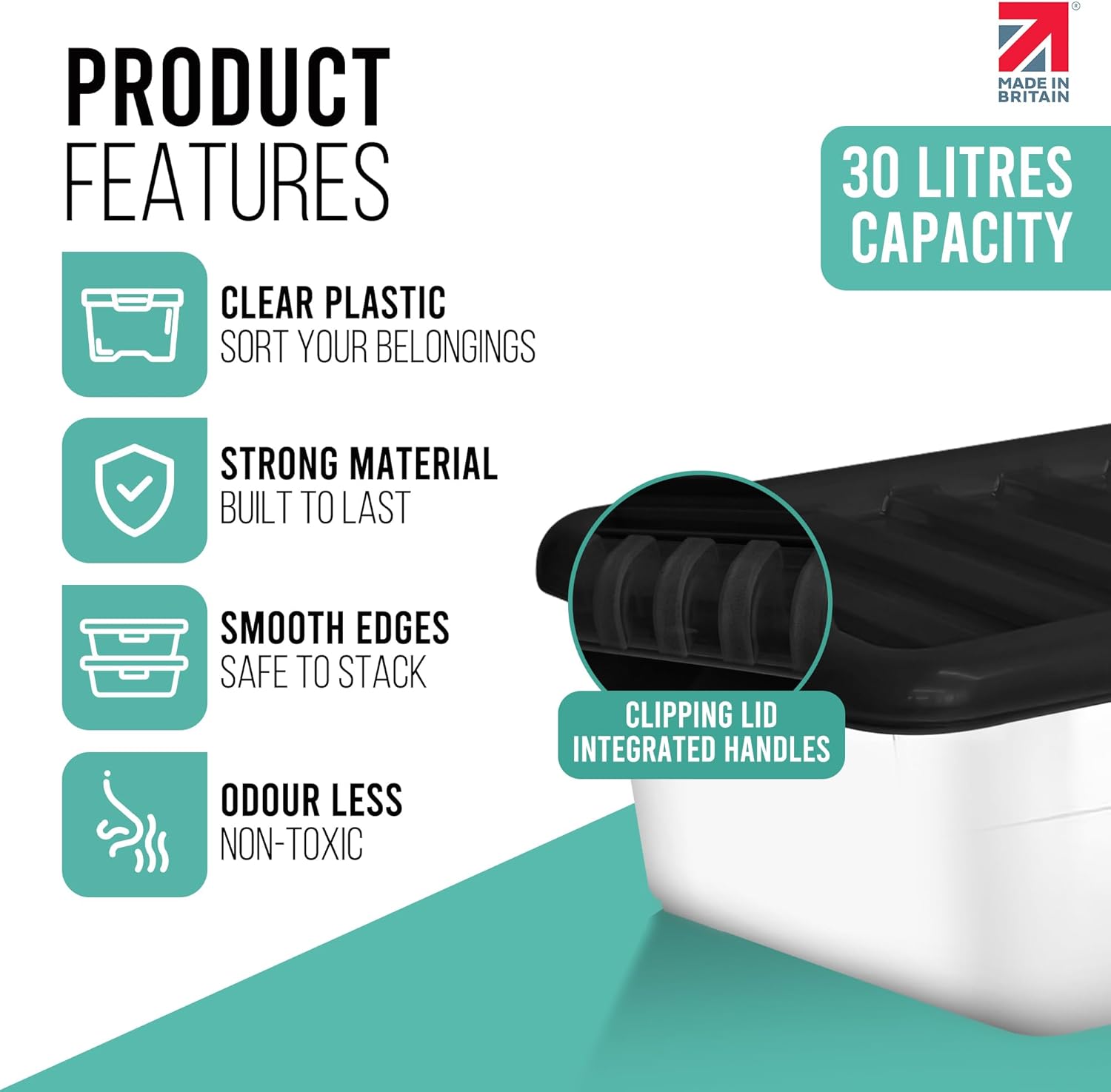 KLASS 4 x 30 Litre Underbed Storage Boxes with Lids Set of 4, Clear Multipurpose Nestable Stackable Plastic Storage Box With Lid 30L Clear Containers For Home, Kitchen, Garage, Office, Accessories