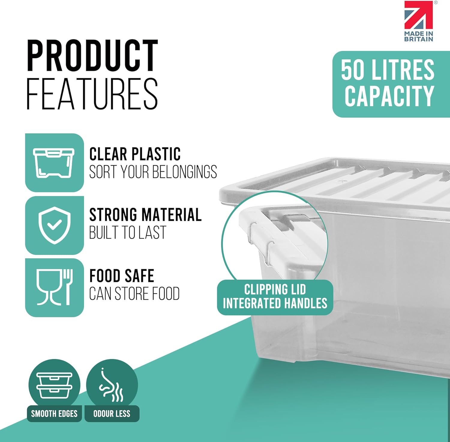 Klass Home Collection 3 x 50 Litre Plastic Storage Boxes With Lids Set of 3, Strong Multipurpose Stackable Large Storage Box With Lid 50L Clear Containers For Home, Kitchen, Garage, Office