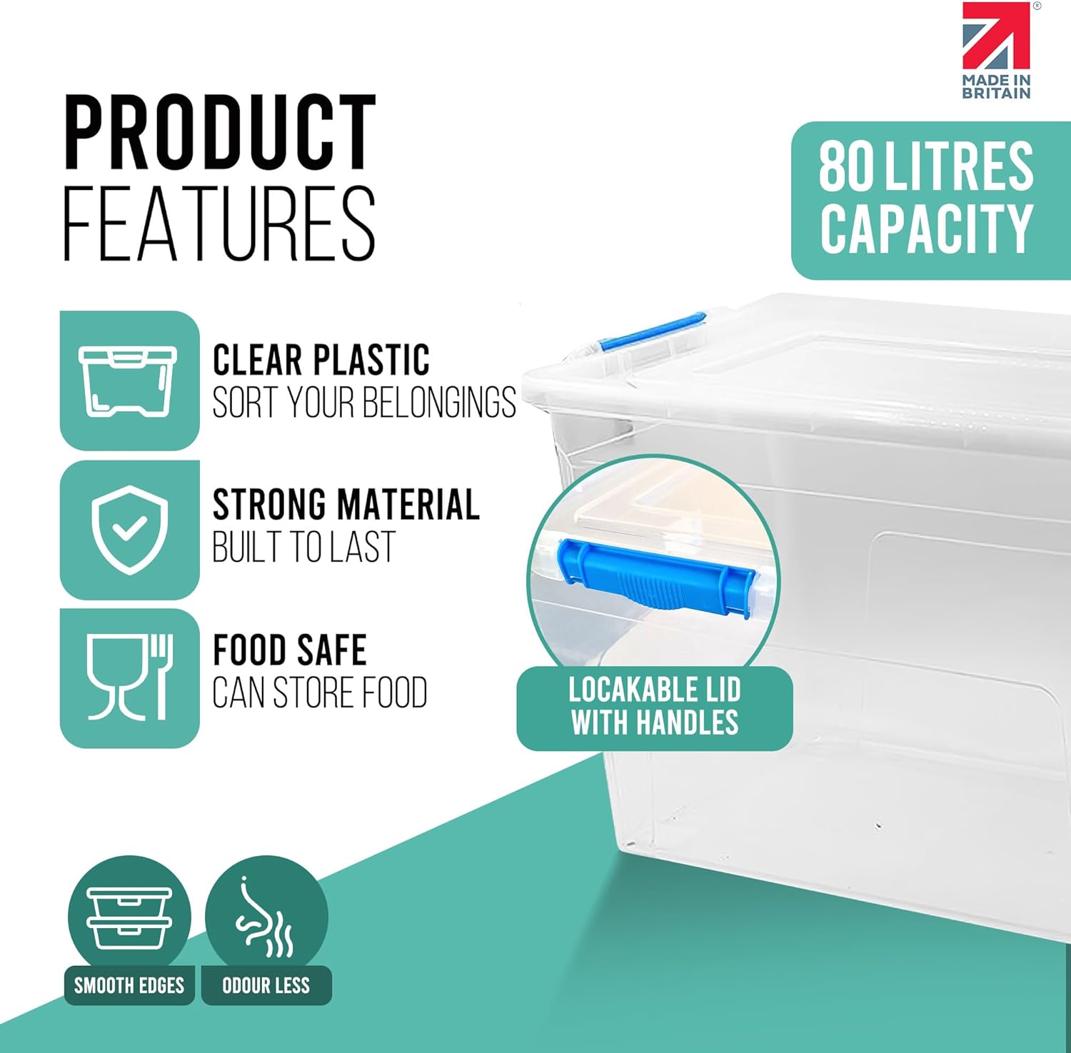 Klass Home Collection 3 x 80 Litre Large Plastic Storage Boxes With Lids - Heavy Duty Stackable 80L Large Storage Box With Lid, Big Plastic Containers For Home, Moving, Garage (3 x 80L, Clipping Lid)