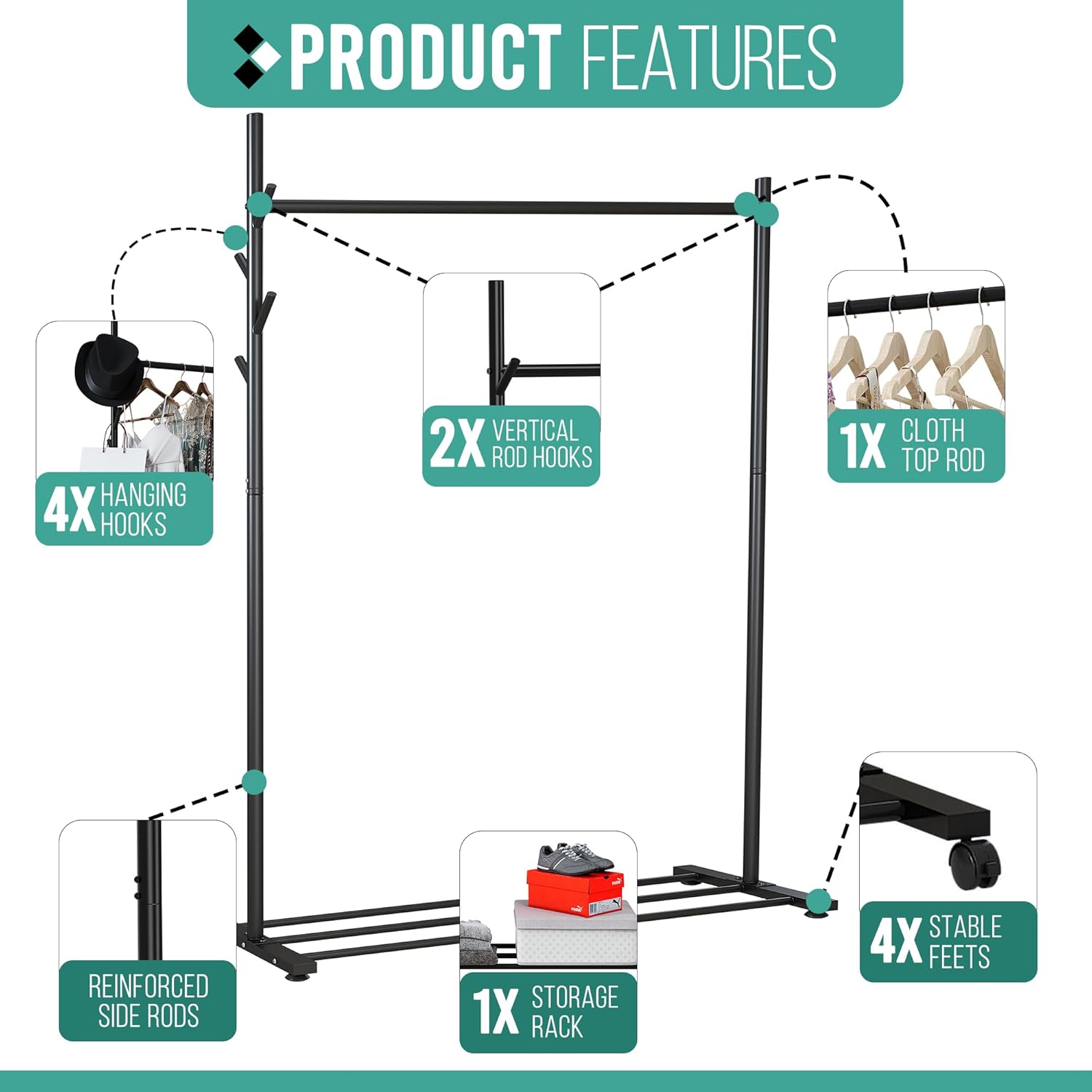 Portable Heavy Duty Clothes Rail For Bedroom, Home & Shops, 50KG Load Clothes Rack With Storage Shelf, Metal Clothing Rail For Hanging Garments, Coats (Black With Feet)