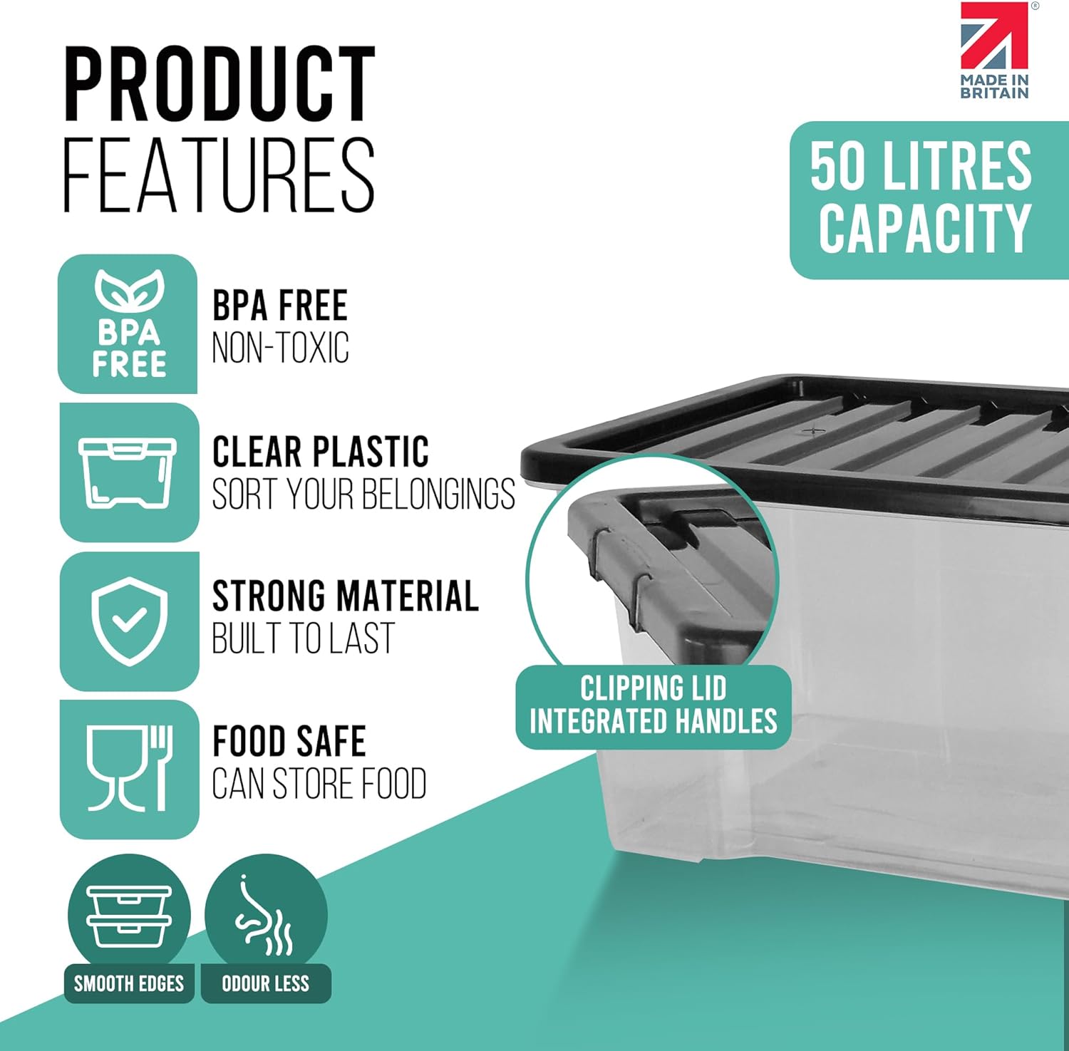 KLASS 3 x 50 Litre Storage Boxes with Lids Set of 3, Clear Multipurpose Nestable Stackable Plastic Storage Box With Lid 50L Clear Containers For Home, Kitchen, Garage, Office, Accessories