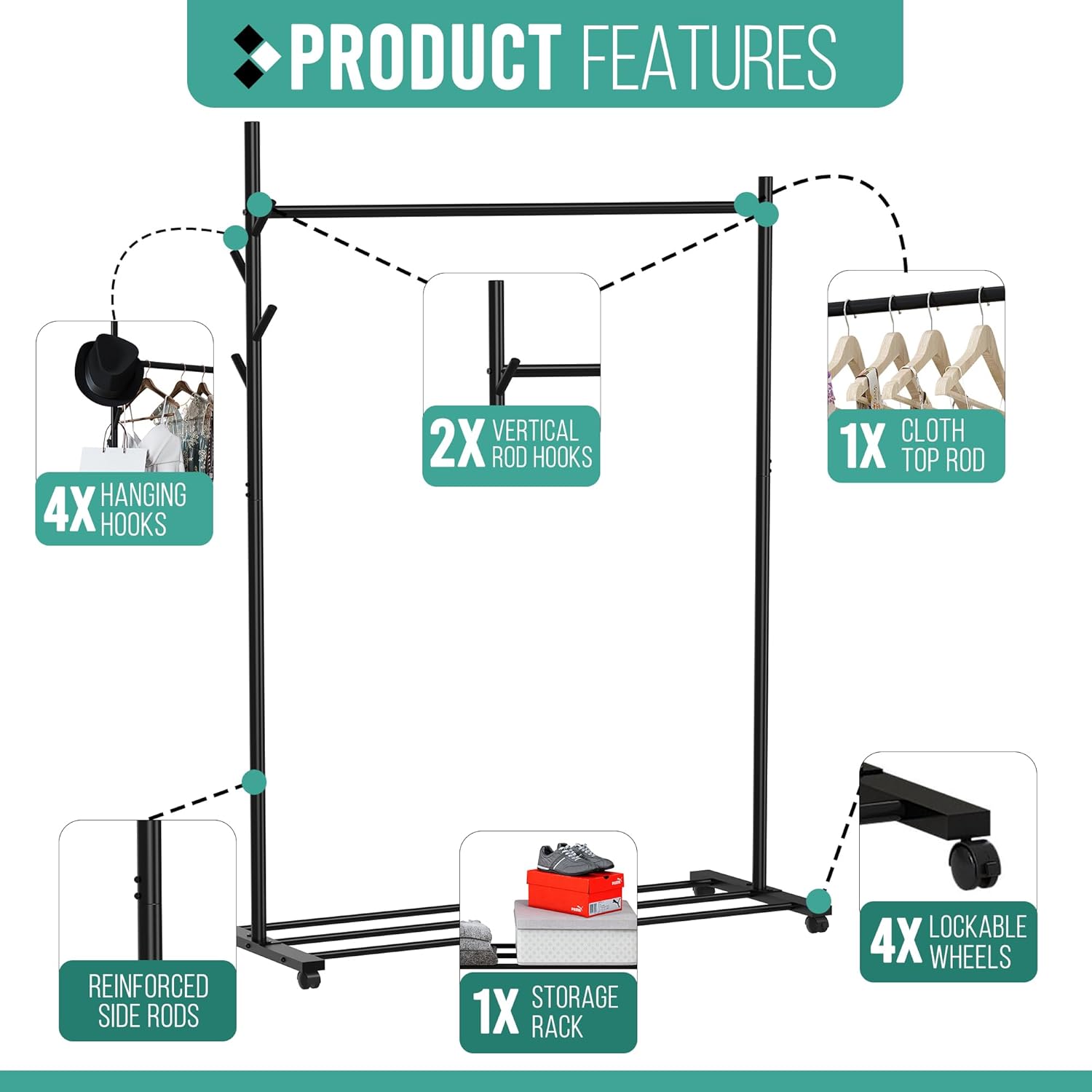 Klass Home Collection Portable Heavy Duty Clothes Rail For Bedroom, Home & Shops, 50KG Load Clothes Rack With Storage Shelf, Metal Clothing Rail For Hanging Garments, Coats (Black With Wheels)