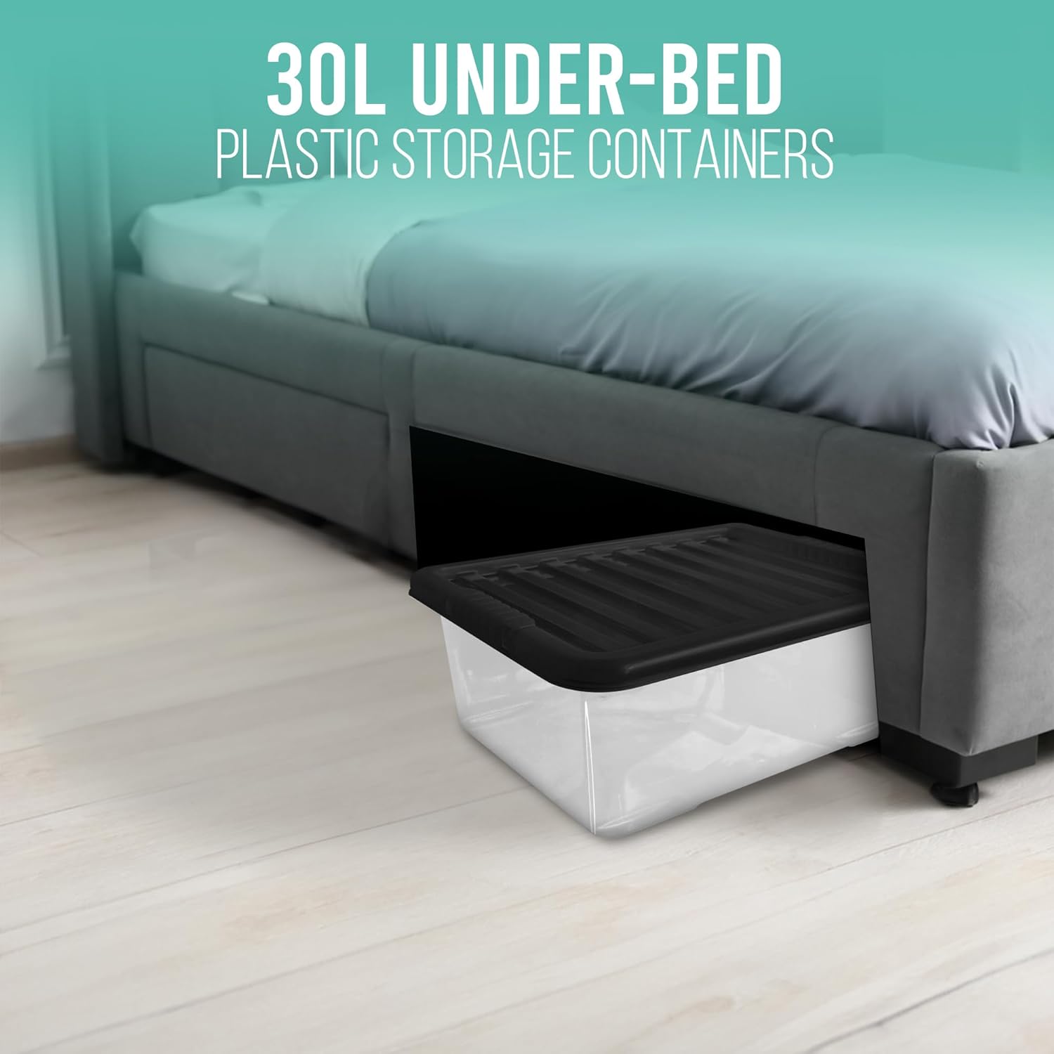 KLASS 4 x 30 Litre Underbed Storage Boxes with Lids Set of 4, Clear Multipurpose Nestable Stackable Plastic Storage Box With Lid 30L Clear Containers For Home, Kitchen, Garage, Office, Accessories