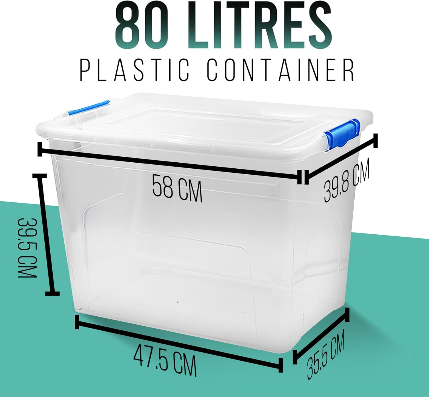 Klass Home Collection 3 x 80 Litre Large Plastic Storage Boxes With Lids - Heavy Duty Stackable 80L Large Storage Box With Lid, Big Plastic Containers For Home, Moving, Garage (3 x 80L, Clipping Lid)