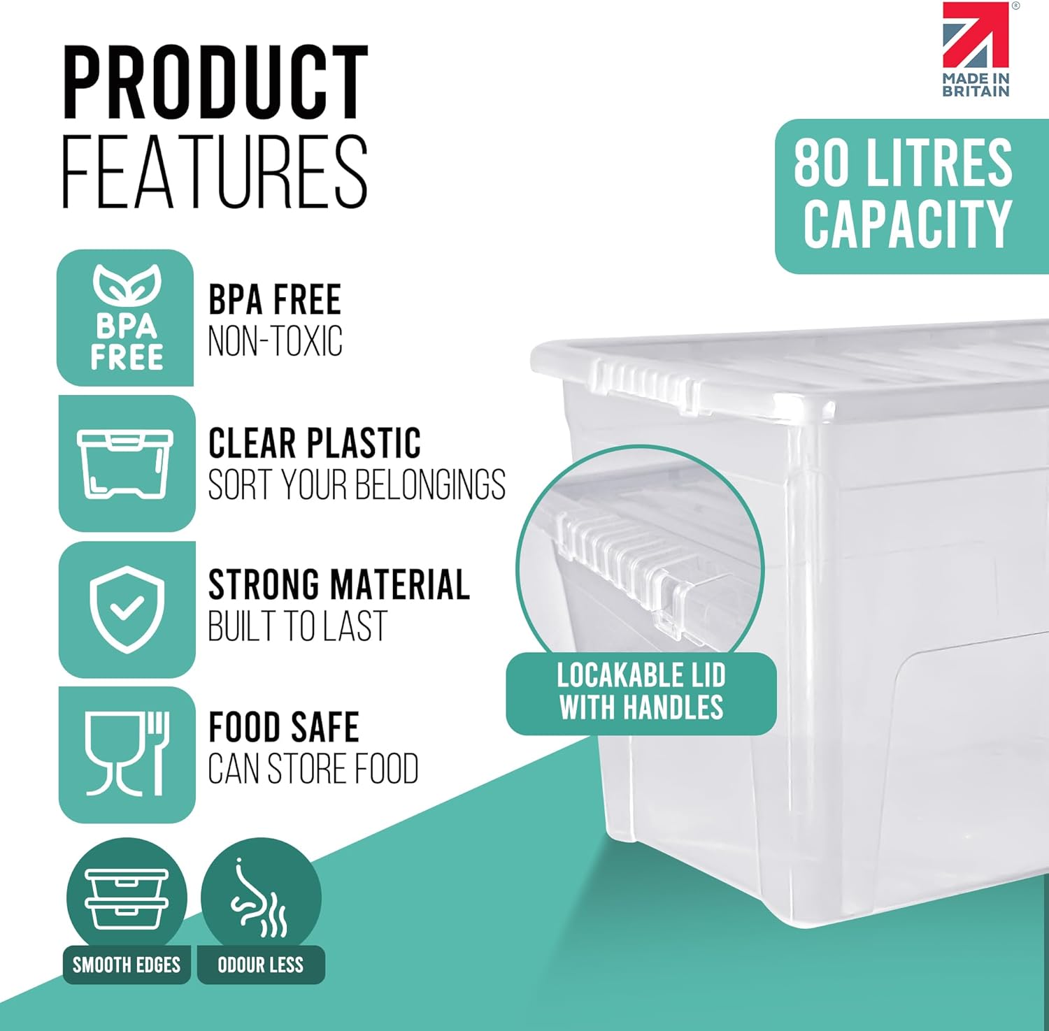 Klass Home Collection 3 x 80 Litre Large Plastic Storage Boxes With Lids Set of 3, Strong, Nestable Stackable Large Storage Box With Lid 80L Clear Plastic Containers For Home, Kitchen, Garage, Office