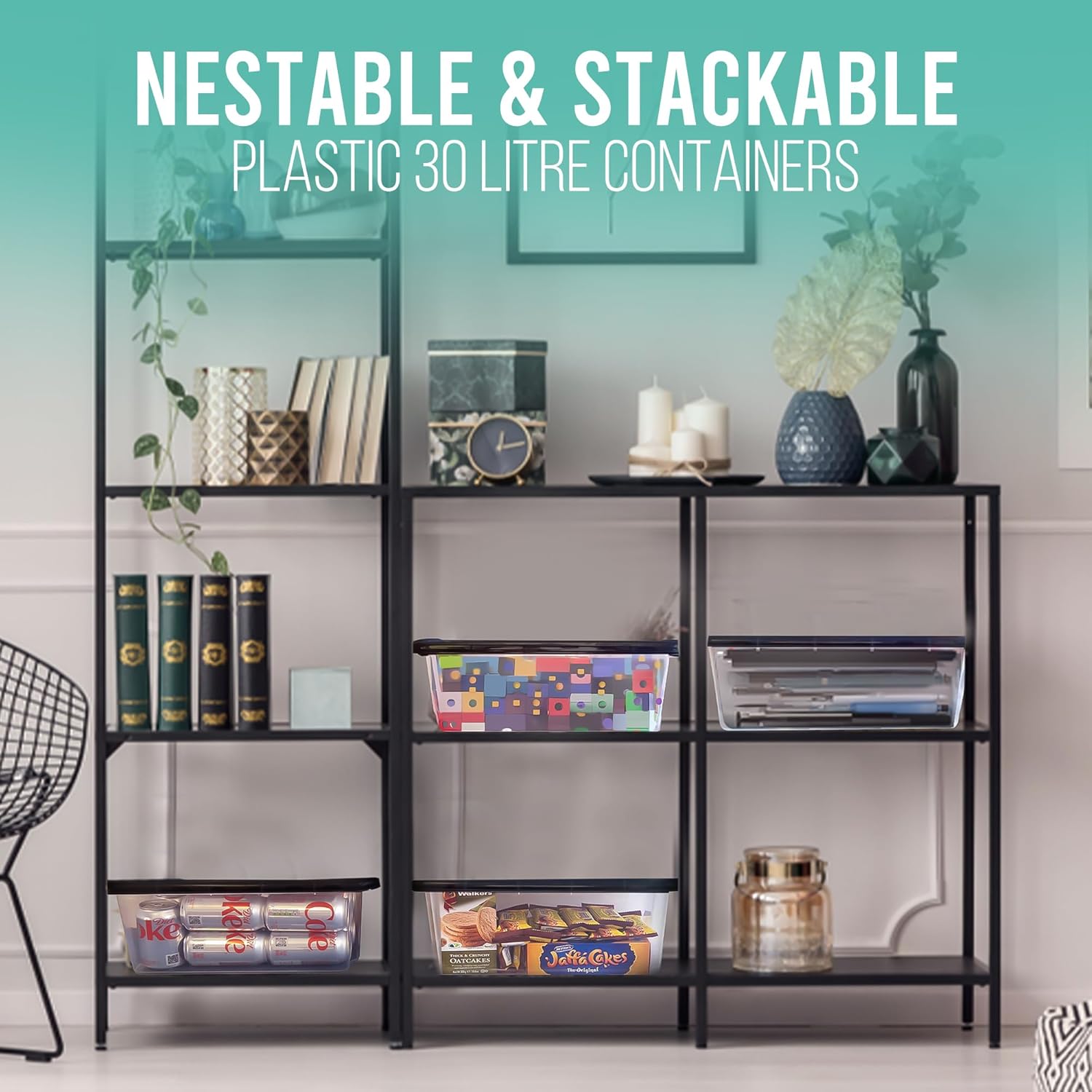 KLASS 4 x 30 Litre Underbed Storage Boxes with Lids Set of 4, Clear Multipurpose Nestable Stackable Plastic Storage Box With Lid 30L Clear Containers For Home, Kitchen, Garage, Office, Accessories