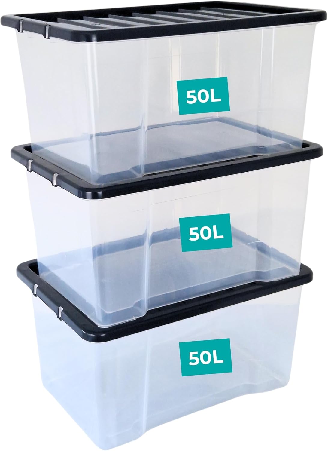 KLASS 3 x 50 Litre Storage Boxes with Lids Set of 3, Clear Multipurpose Nestable Stackable Plastic Storage Box With Lid 50L Clear Containers For Home, Kitchen, Garage, Office, Accessories