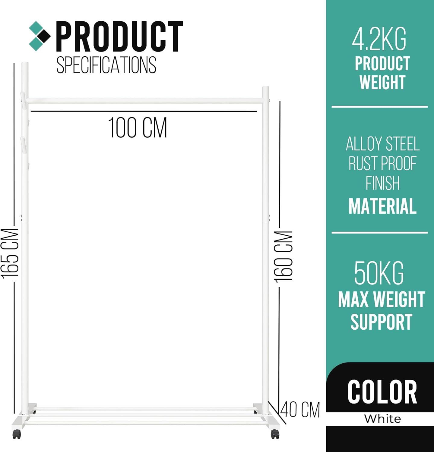 Klass Home Collection Portable Heavy Duty Clothes Rail For Bedroom, Home & Shops, 50KG Load Clothes Rack With Storage Shelf, Metal Clothing Rail For Hanging Garments, Coats (White With Wheels)