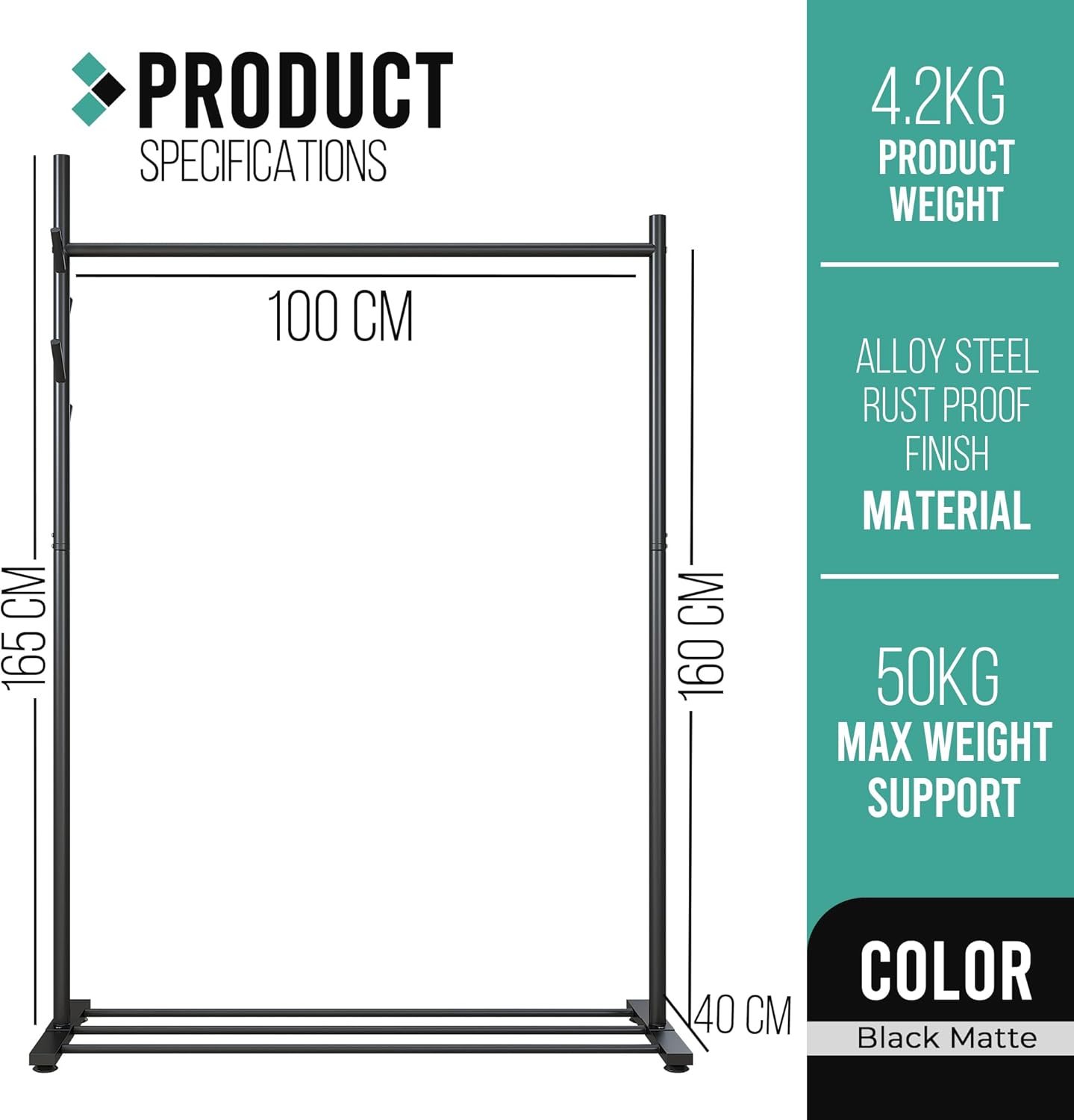 Portable Heavy Duty Clothes Rail For Bedroom, Home & Shops, 50KG Load Clothes Rack With Storage Shelf, Metal Clothing Rail For Hanging Garments, Coats (Black With Feet)