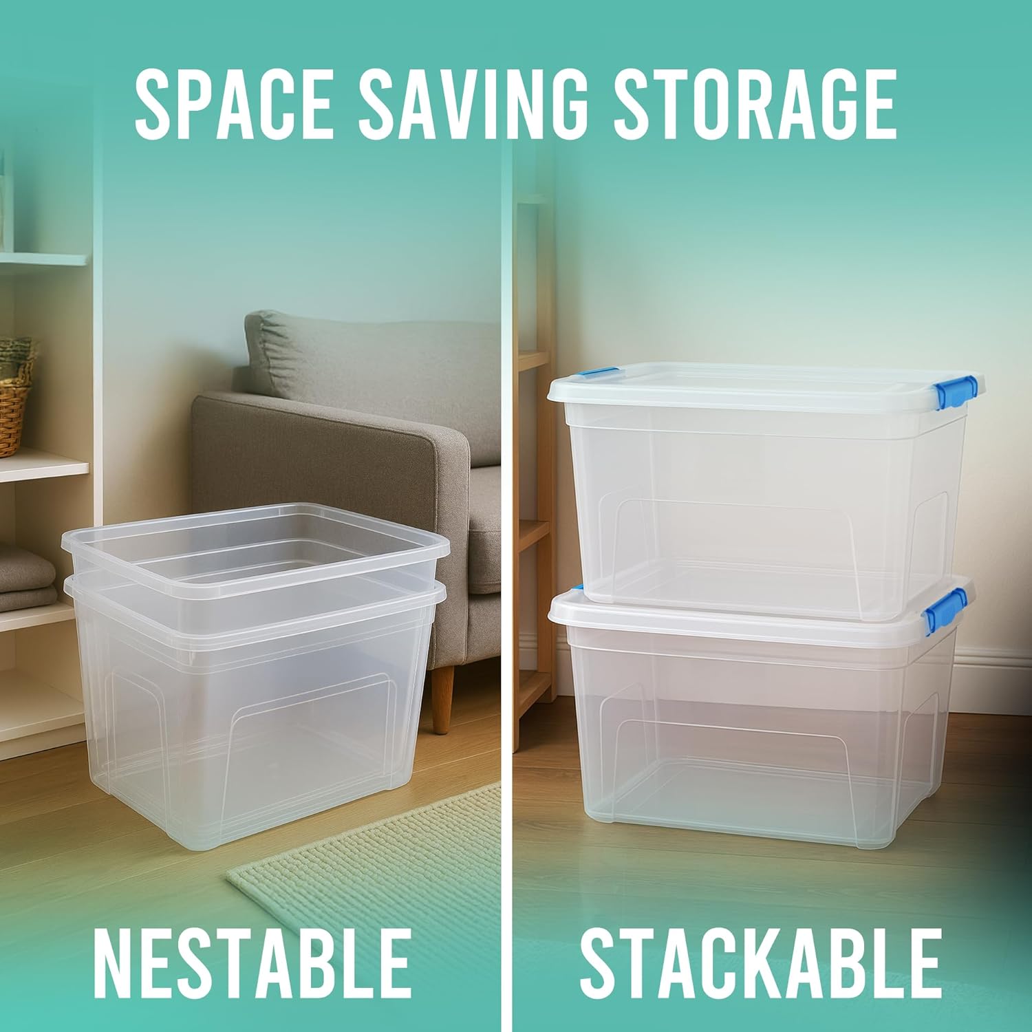 Klass Home Collection 3 x 80 Litre Large Plastic Storage Boxes With Lids - Heavy Duty Stackable 80L Large Storage Box With Lid, Big Plastic Containers For Home, Moving, Garage (3 x 80L, Clipping Lid)