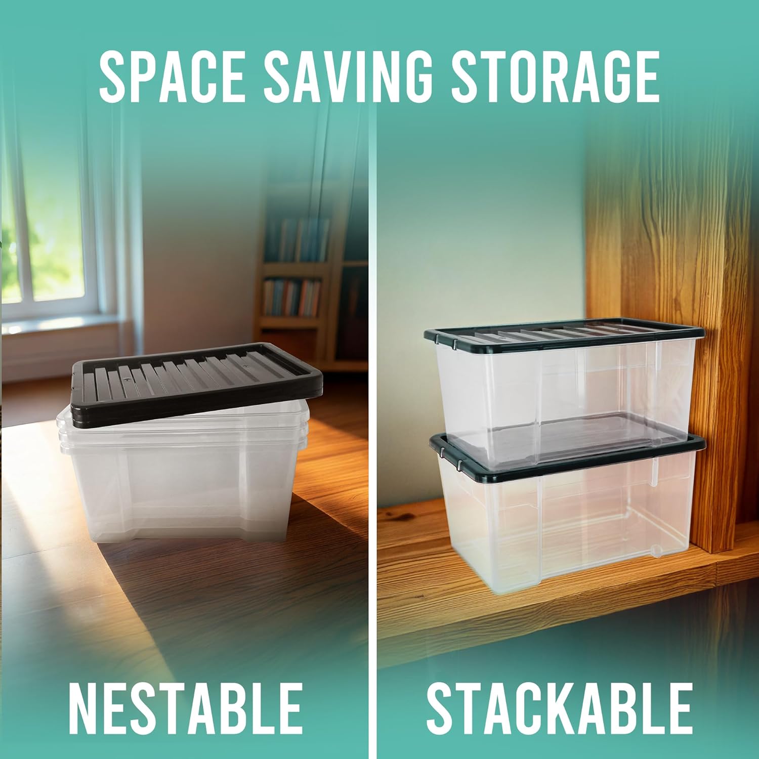 KLASS 3 x 50 Litre Storage Boxes with Lids Set of 3, Clear Multipurpose Nestable Stackable Plastic Storage Box With Lid 50L Clear Containers For Home, Kitchen, Garage, Office, Accessories