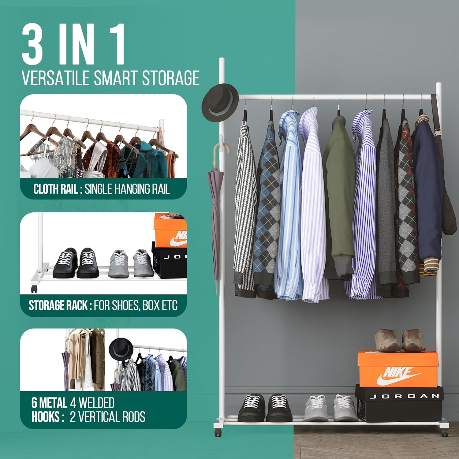 Klass Home Collection Portable Heavy Duty Clothes Rail For Bedroom, Home & Shops, 50KG Load Clothes Rack With Storage Shelf, Metal Clothing Rail For Hanging Garments, Coats (White With Wheels)