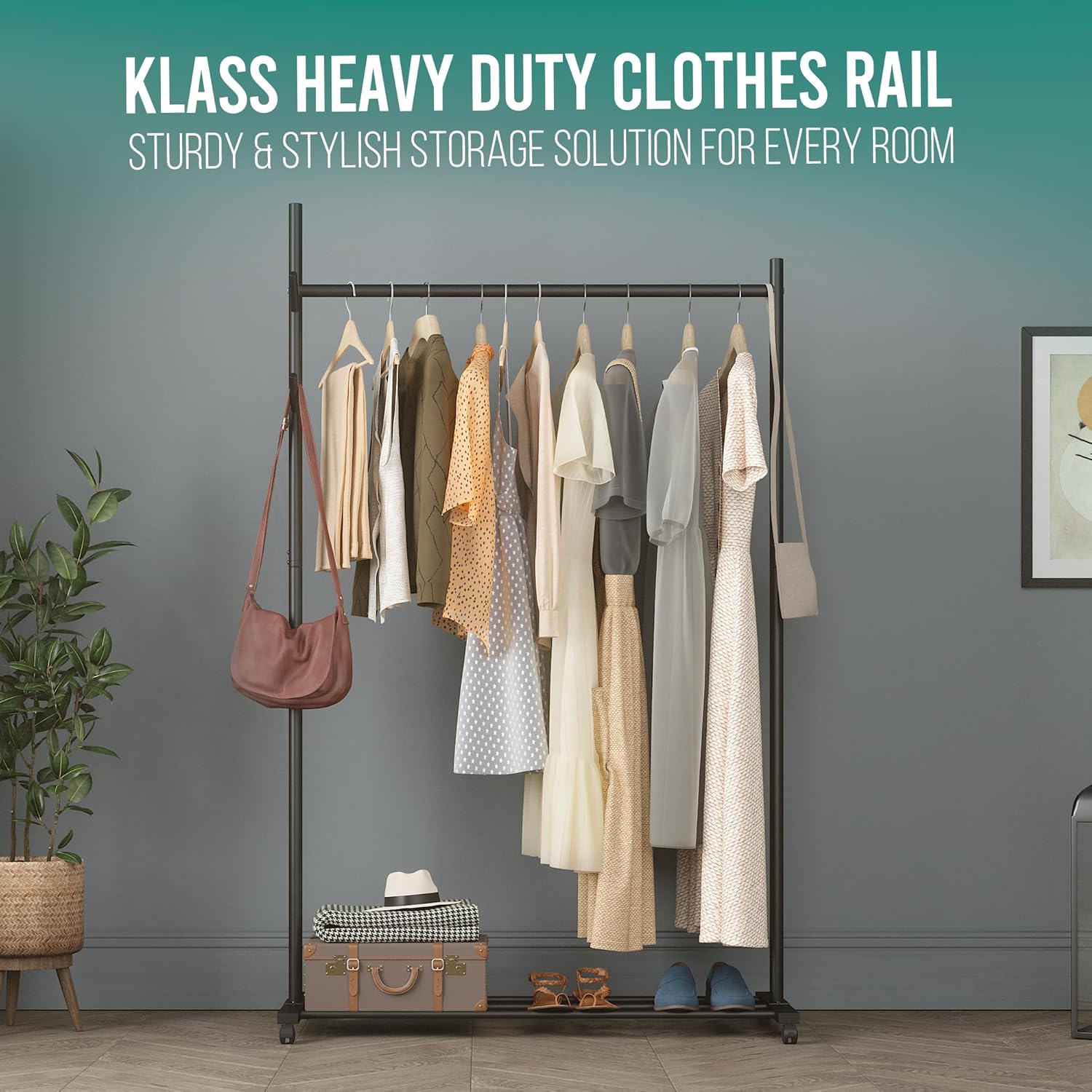 Klass Home Collection Portable Heavy Duty Clothes Rail For Bedroom, Home & Shops, 50KG Load Clothes Rack With Storage Shelf, Metal Clothing Rail For Hanging Garments, Coats (Black With Wheels)