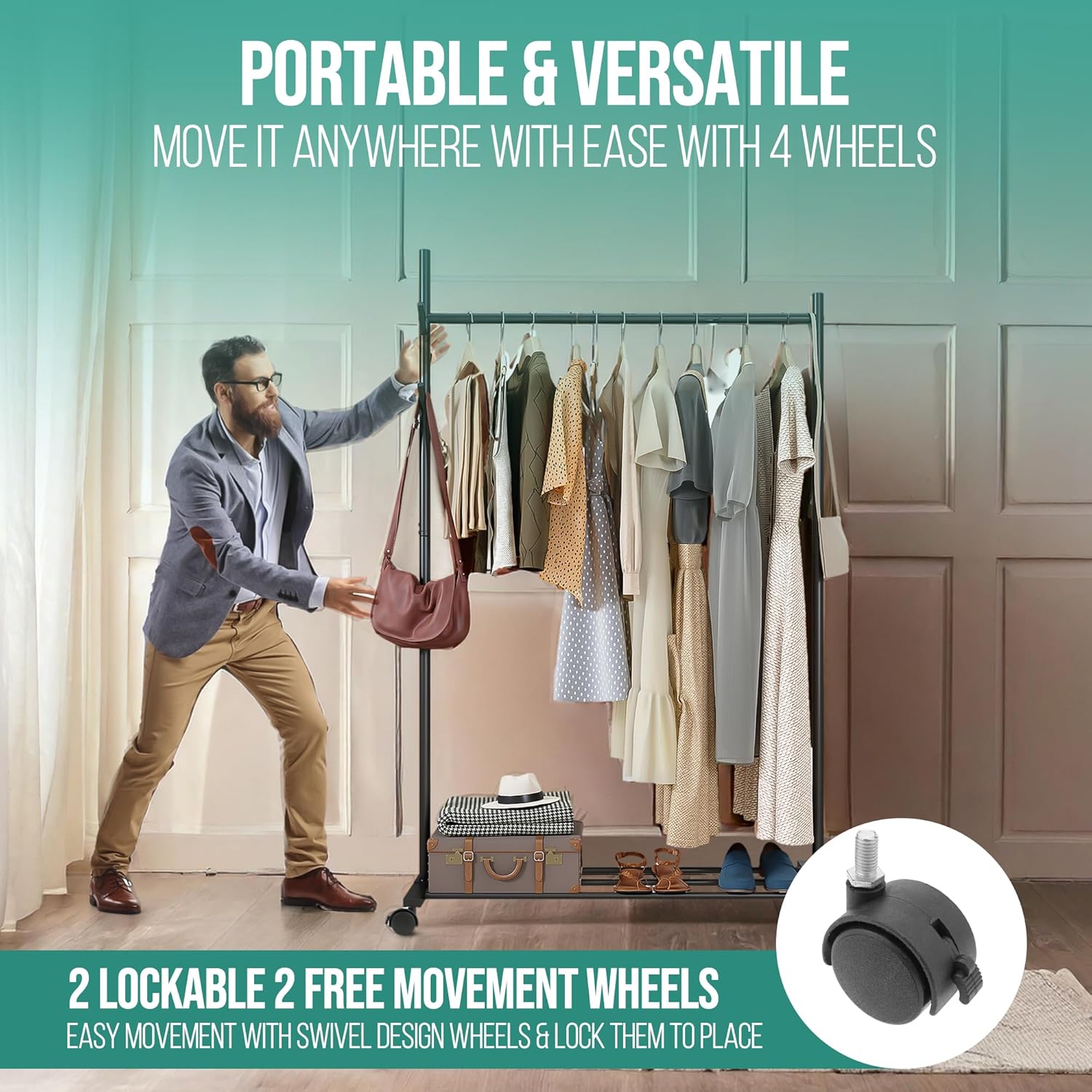 Klass Home Collection Portable Heavy Duty Clothes Rail For Bedroom, Home & Shops, 50KG Load Clothes Rack With Storage Shelf, Metal Clothing Rail For Hanging Garments, Coats (Black With Wheels)