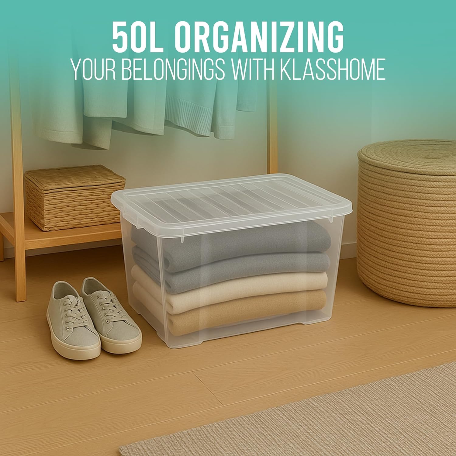 Klass Home Collection 3 x 50 Litre Plastic Storage Boxes With Lids Set of 3, Strong Multipurpose Stackable Large Storage Box With Lid 50L Clear Containers For Home, Kitchen, Garage, Office