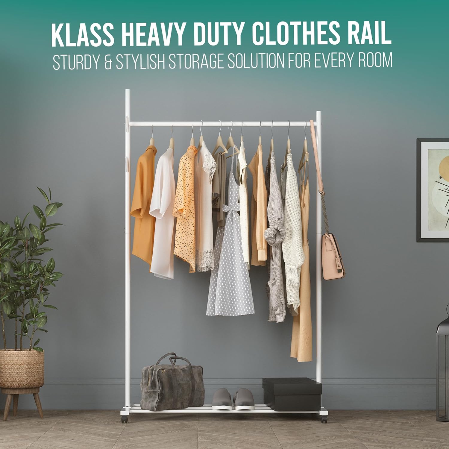 Klass Home Collection Portable Heavy Duty Clothes Rail For Bedroom, Home & Shops, 50KG Load Clothes Rack With Storage Shelf, Metal Clothing Rail For Hanging Garments, Coats (White With Wheels)