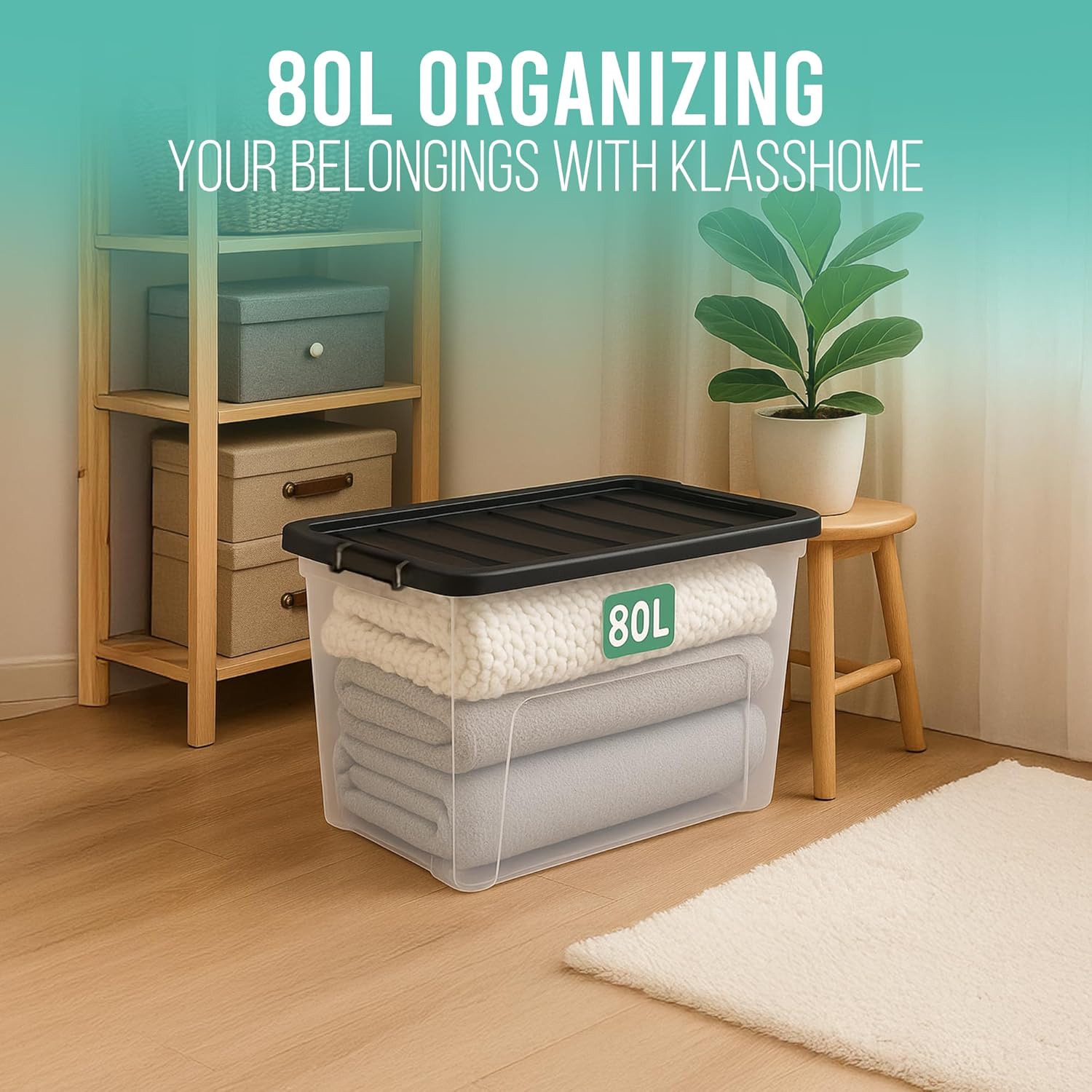 KLASS 3 x 80 Litre Storage Boxes with Lids Set of 3, Clear Multipurpose Nestable Stackable Plastic Storage Box With Lid 80L Clear Containers For Home, Kitchen, Garage, Office, Accessories