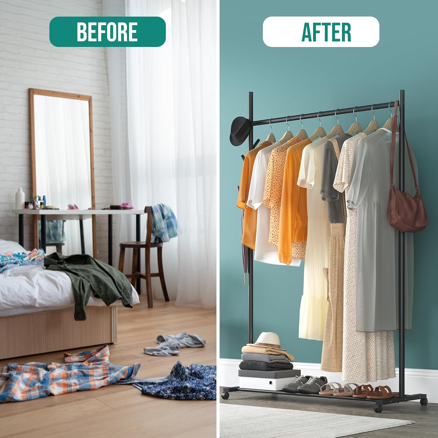 Klass Home Collection Portable Heavy Duty Clothes Rail For Bedroom, Home & Shops, 50KG Load Clothes Rack With Storage Shelf, Metal Clothing Rail For Hanging Garments, Coats (Black With Wheels)