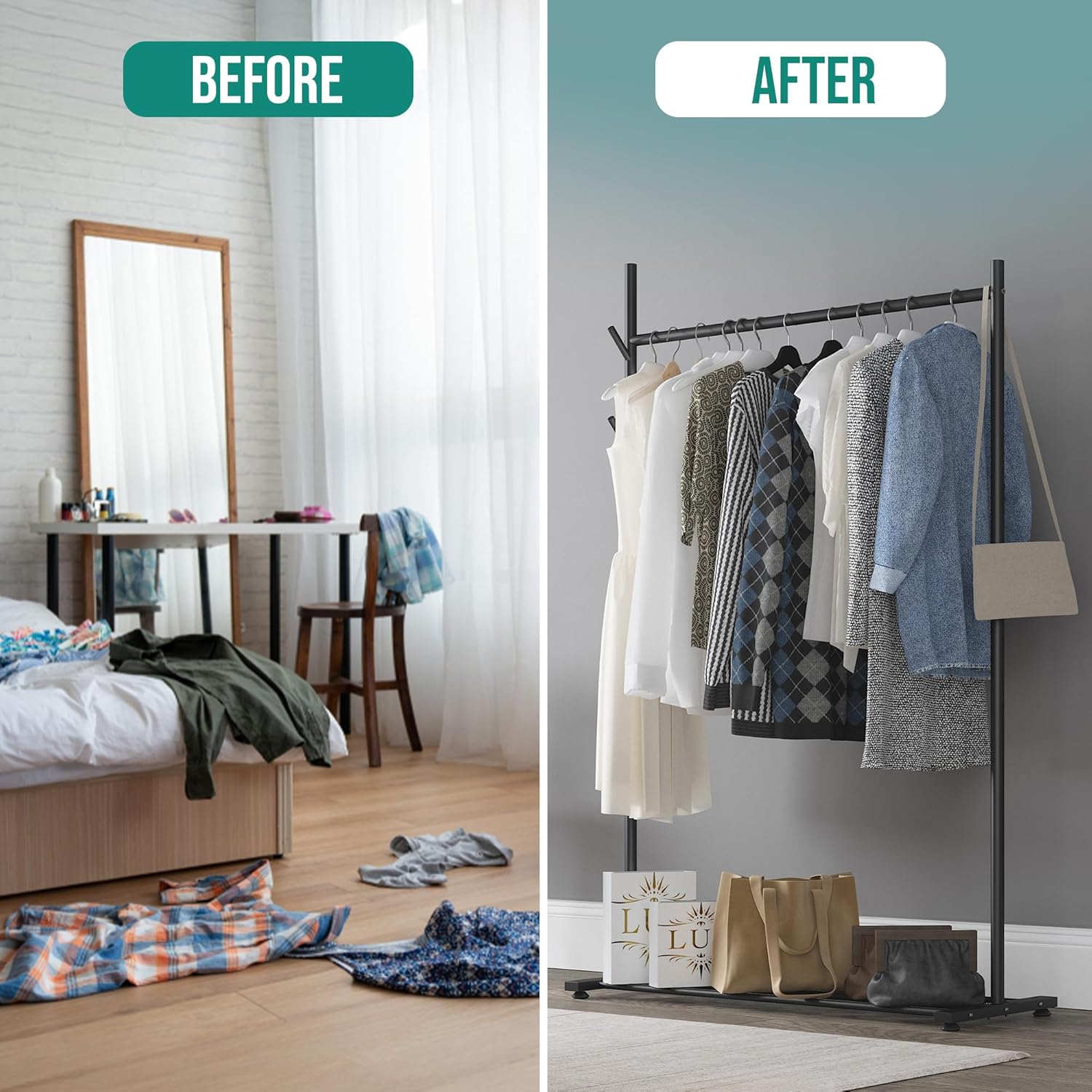 Portable Heavy Duty Clothes Rail For Bedroom, Home & Shops, 50KG Load Clothes Rack With Storage Shelf, Metal Clothing Rail For Hanging Garments, Coats (Black With Feet)