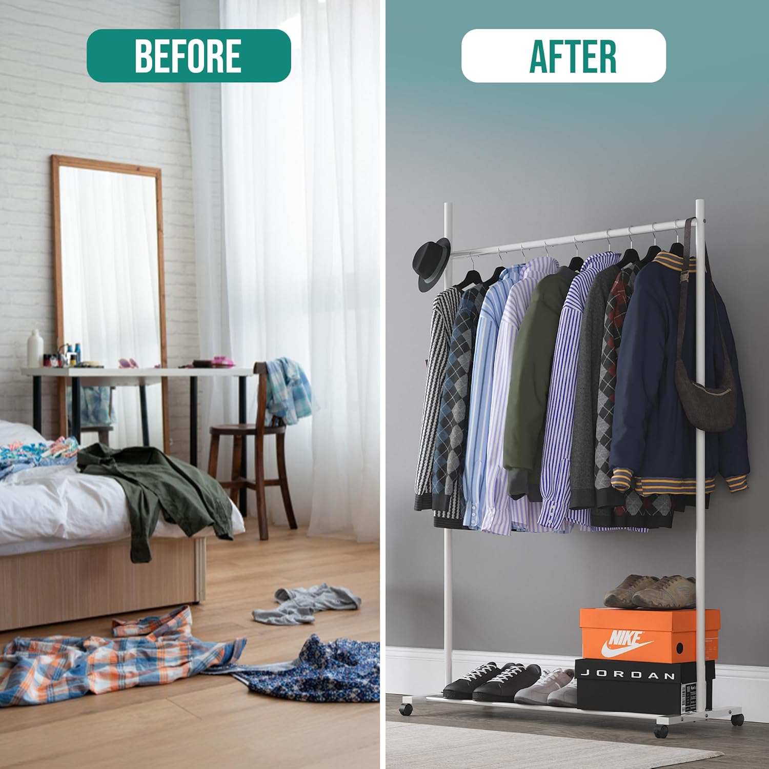 Klass Home Collection Portable Heavy Duty Clothes Rail For Bedroom, Home & Shops, 50KG Load Clothes Rack With Storage Shelf, Metal Clothing Rail For Hanging Garments, Coats (White With Wheels)