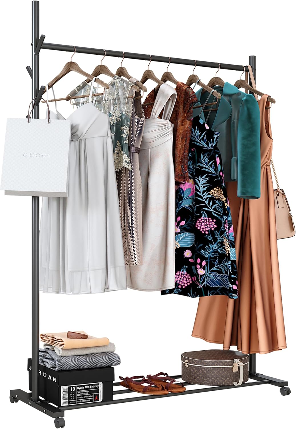 Klass Home Collection Portable Heavy Duty Clothes Rail For Bedroom, Home & Shops, 50KG Load Clothes Rack With Storage Shelf, Metal Clothing Rail For Hanging Garments, Coats (Black With Wheels)