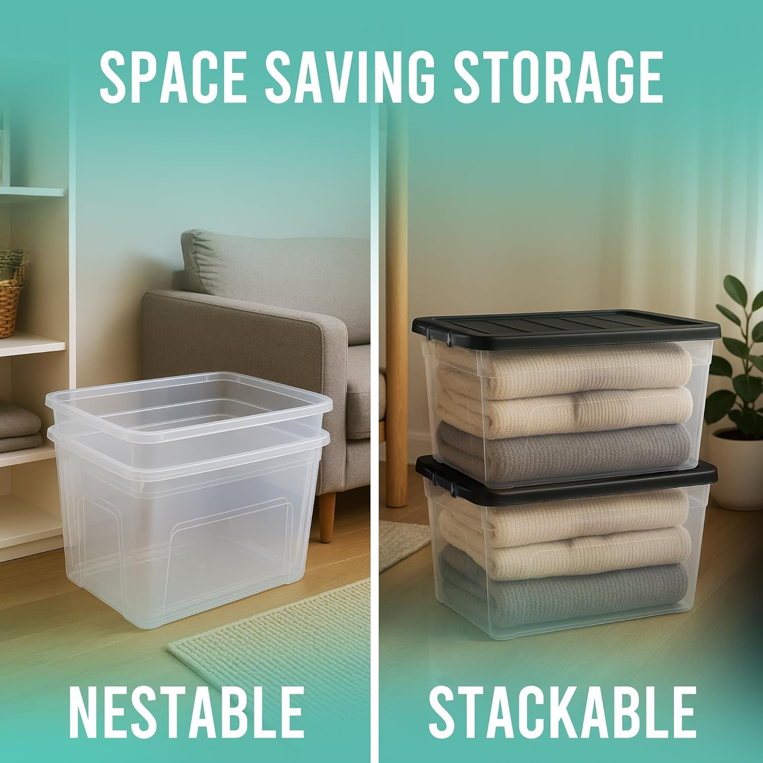KLASS 3 x 80 Litre Storage Boxes with Lids Set of 3, Clear Multipurpose Nestable Stackable Plastic Storage Box With Lid 80L Clear Containers For Home, Kitchen, Garage, Office, Accessories