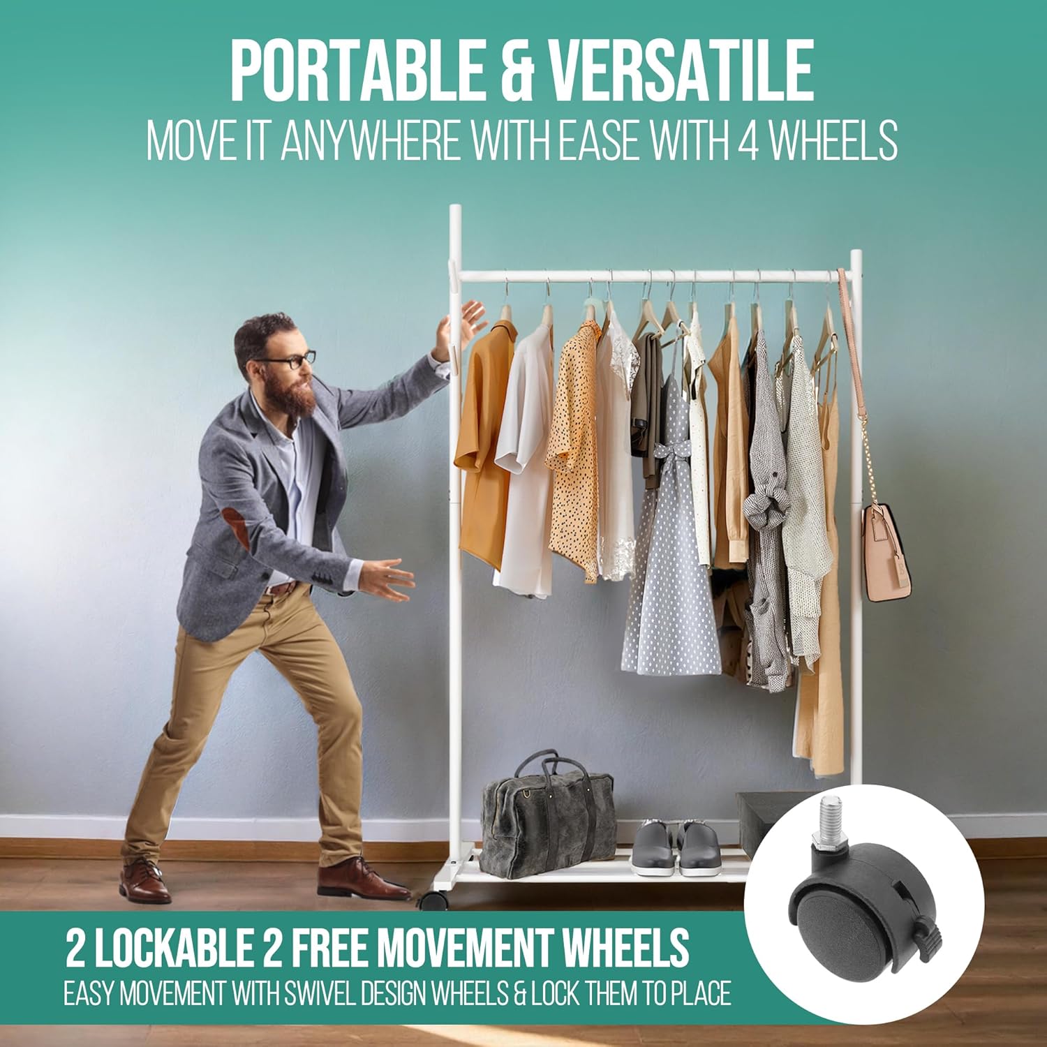 Klass Home Collection Portable Heavy Duty Clothes Rail For Bedroom, Home & Shops, 50KG Load Clothes Rack With Storage Shelf, Metal Clothing Rail For Hanging Garments, Coats (White With Wheels)