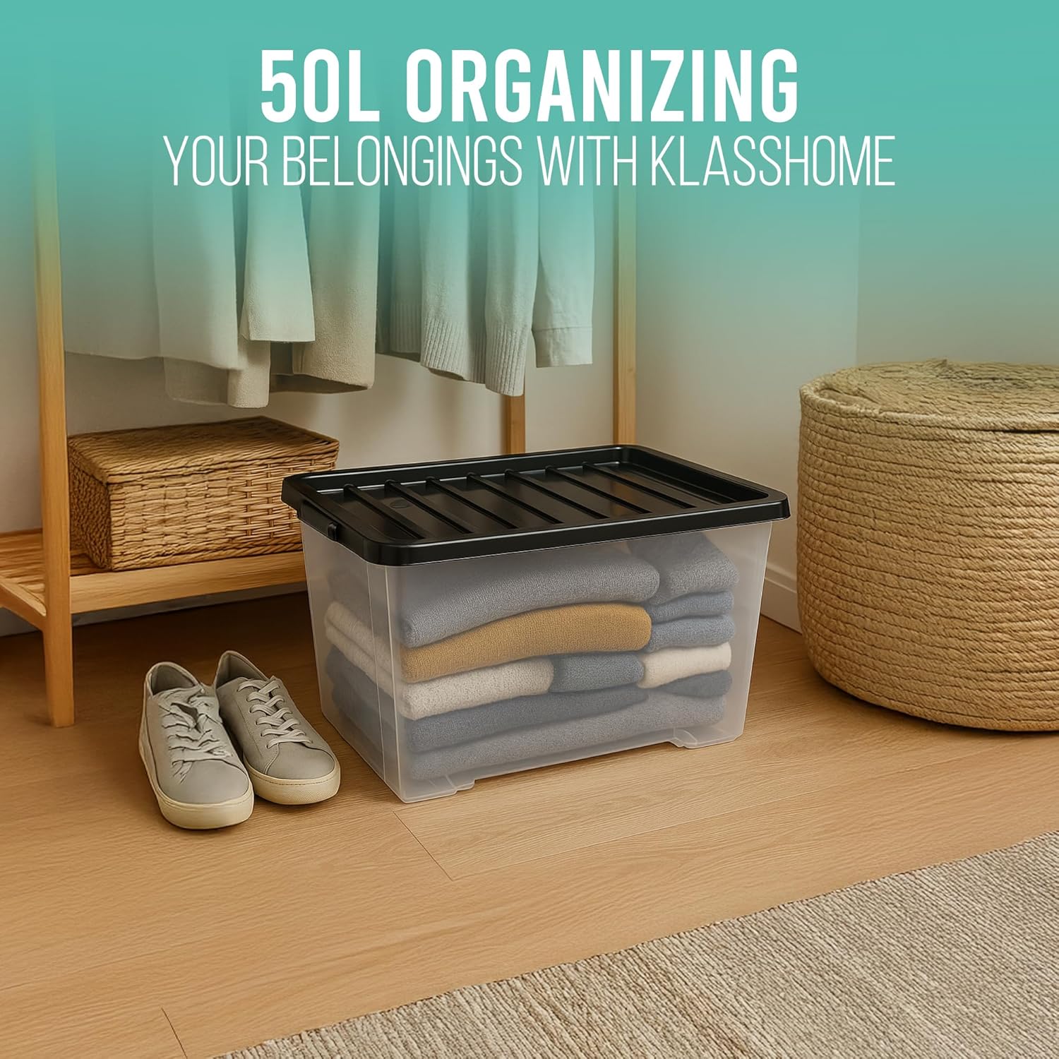 KLASS 3 x 50 Litre Storage Boxes with Lids Set of 3, Clear Multipurpose Nestable Stackable Plastic Storage Box With Lid 50L Clear Containers For Home, Kitchen, Garage, Office, Accessories