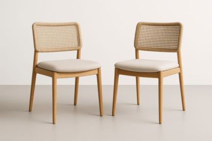 Ensemble de 2 chaises en bois siège rembourré et dossier en rotin