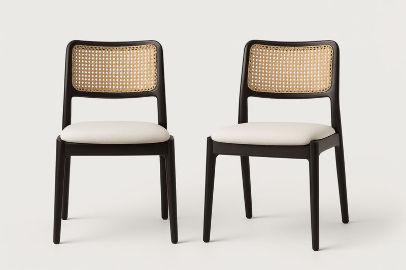 Chaises en bois massif avec assise rembourrée et dossier en rotin Marron clair/Noir