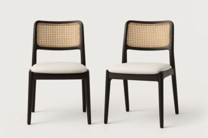 Chaises en bois massif avec assise rembourrée et dossier en rotin Marron clair/Noir