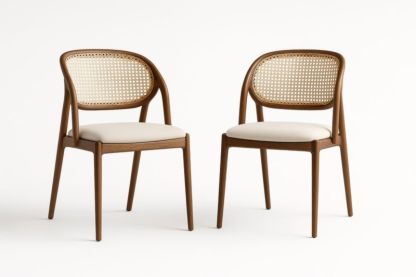 Chaises en Bois de Hêtre avec Dossier en Rotin et Assise Beige