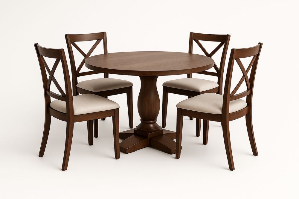 Ensemble table ronde de salle à manger en bois de chêne avec 4 chaises, marron
