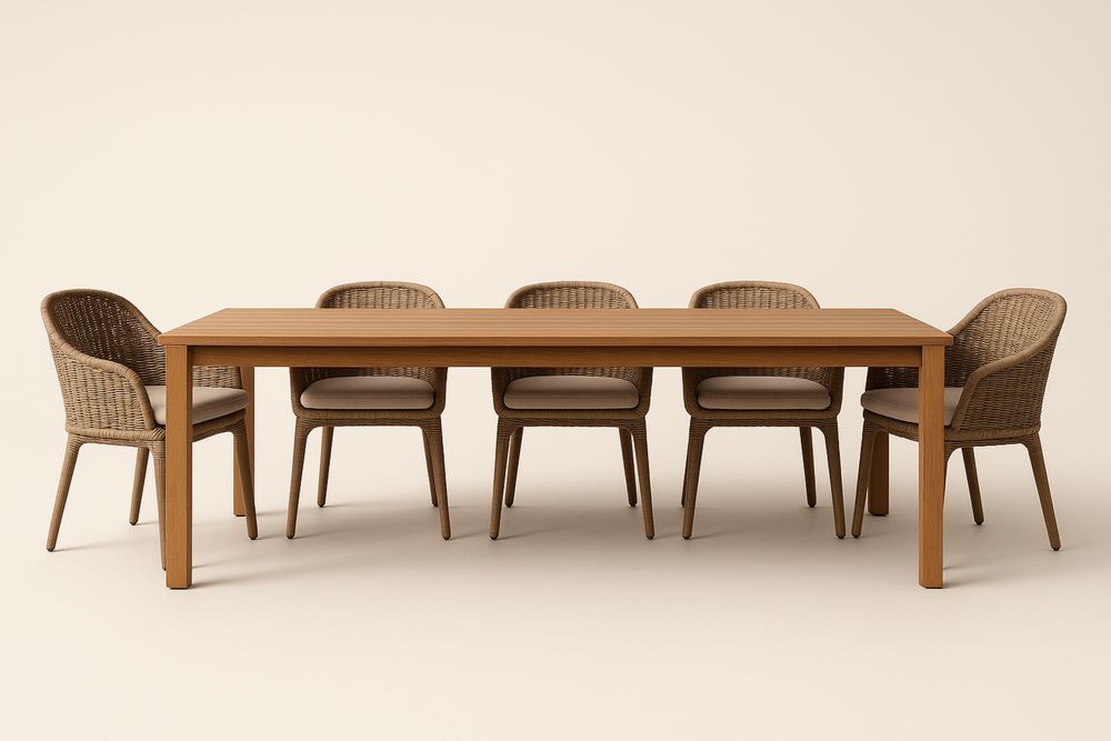 Ensemble table à manger en bois massif avec chaises en rotin synthétique et coussins