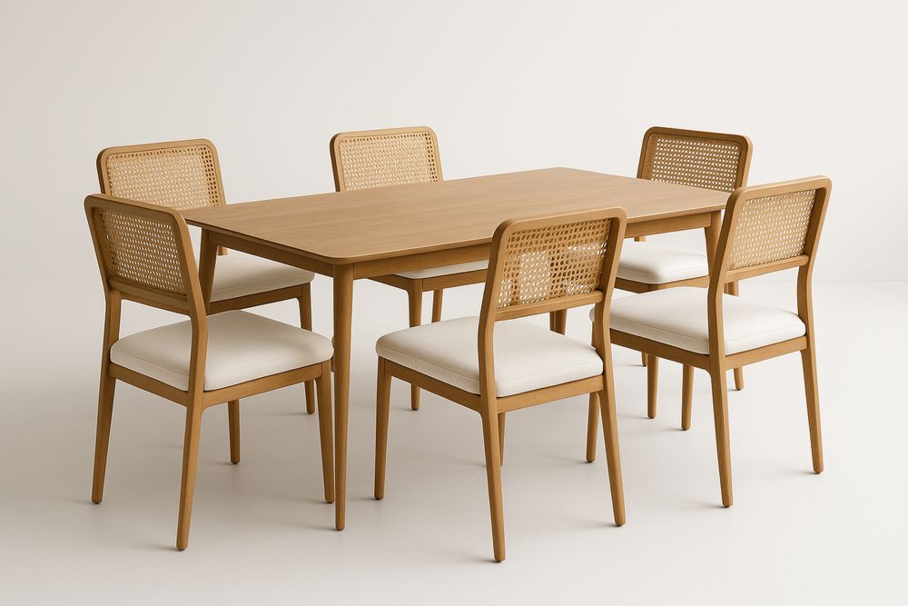 Table à manger en bois d'acacia avec 6 chaises en rotin et coussins blancs