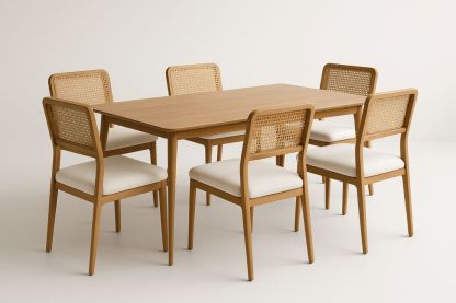 Table à manger en bois d'acacia avec 6 chaises en rotin et coussins blancs